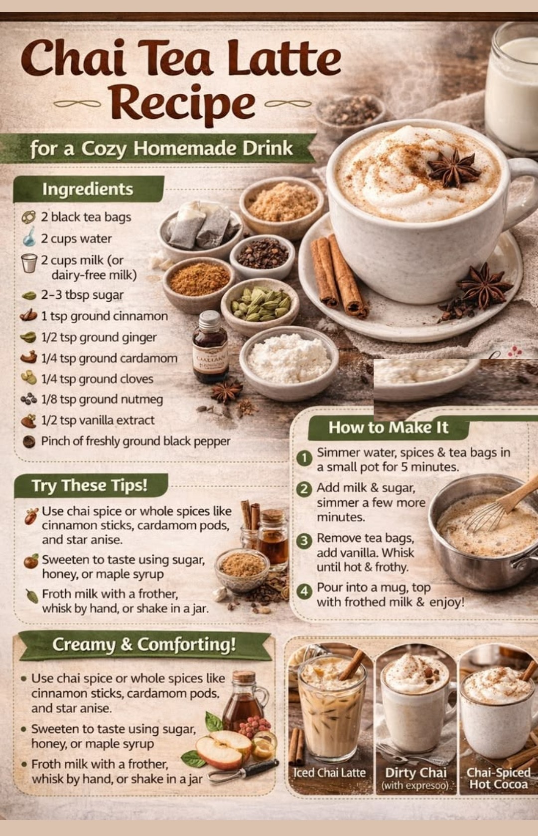 Chai Tea Latte Recipe for a cozy homemade drink — black tea bags, water, milk, sugar, ground cinnamon, ginger, cardamom, cloves, nutmeg, vanilla extract and black pepper