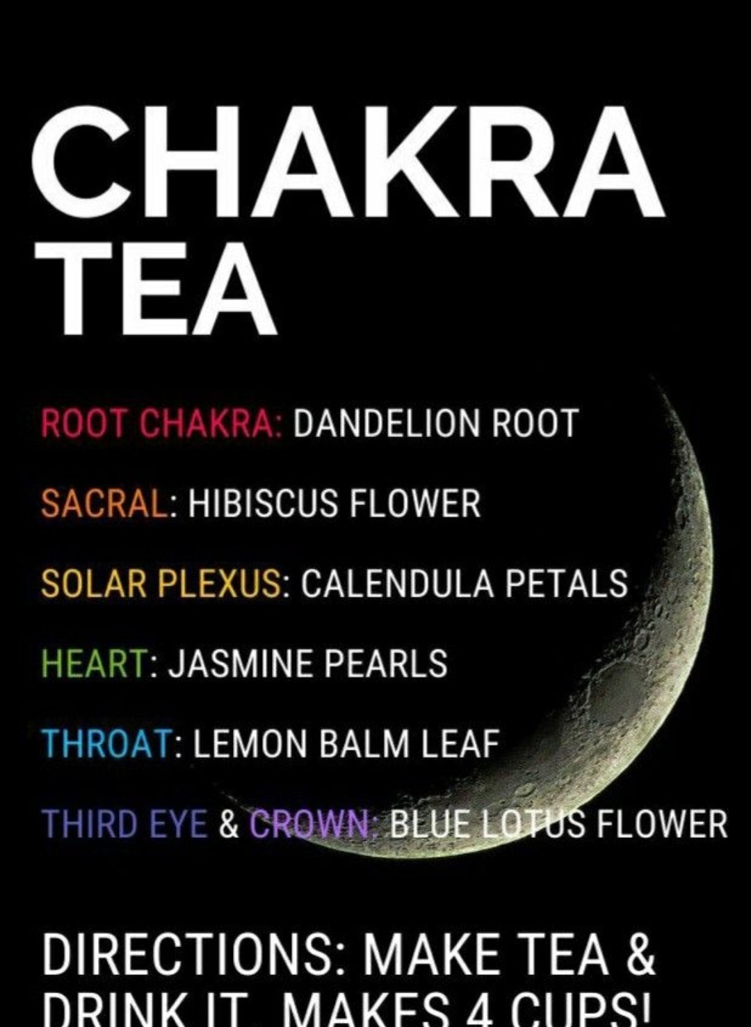 Chakra Tea — Root Chakra dandelion root, Sacral hibiscus flower, Solar Plexus calendula petals, Heart jasmine pearls, Throat lemon balm leaf, Third Eye and Crown blue lotus flower