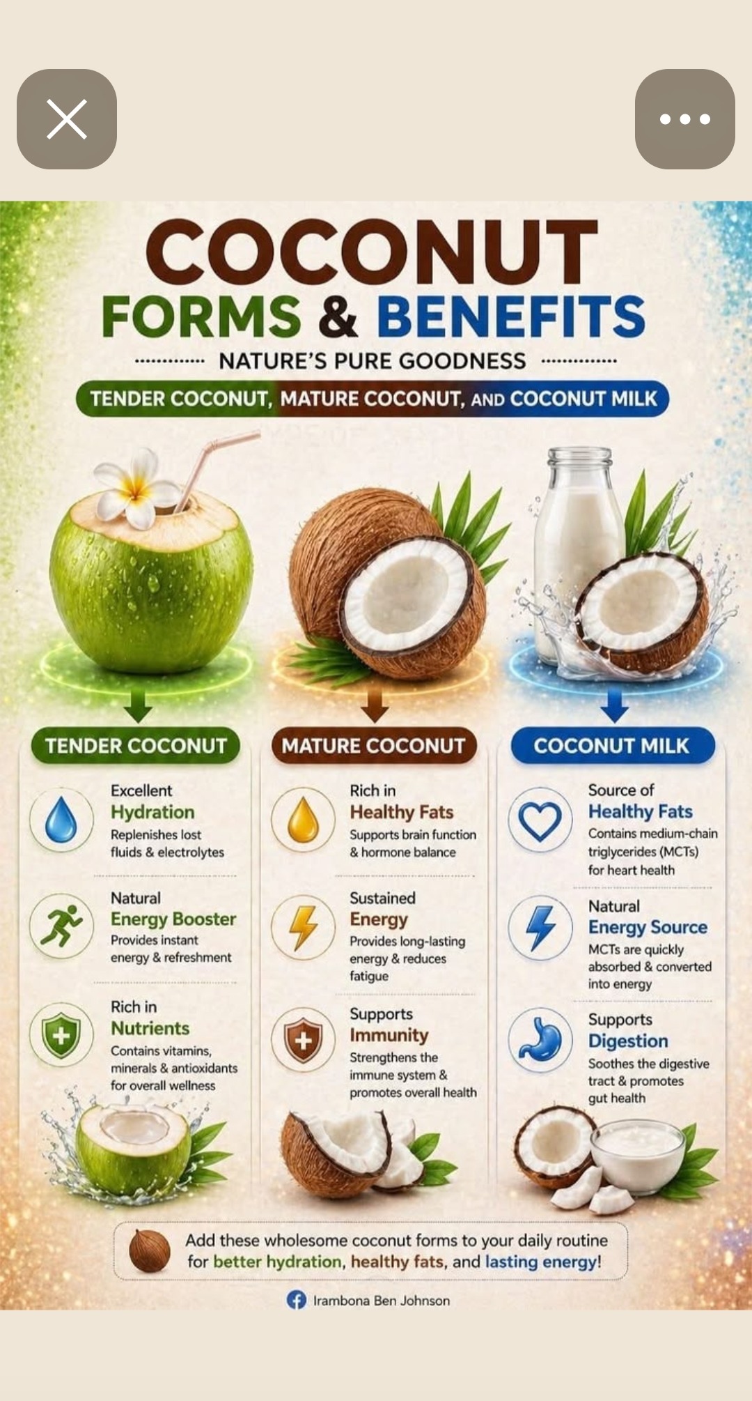 Coconut forms and benefits — tender coconut excellent hydration and natural energy booster, mature coconut rich in healthy fats and supports immunity, coconut milk source of healthy fats with MCTs and supports digestion