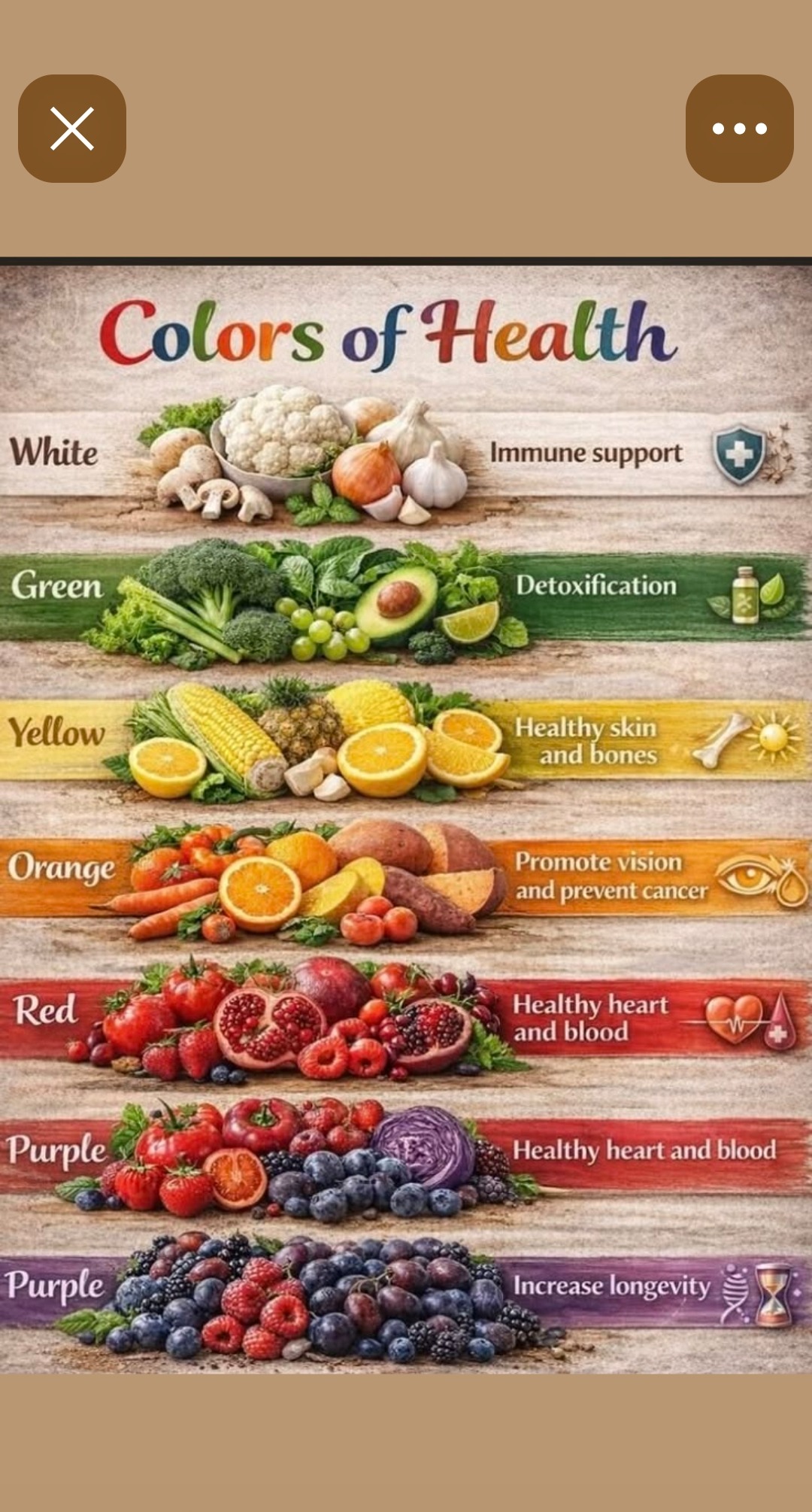 Colors of Health — white for immune support, green for detoxification, yellow for healthy skin and bones, orange for vision and cancer prevention, red and purple for healthy heart and blood, deep purple for increased longevity