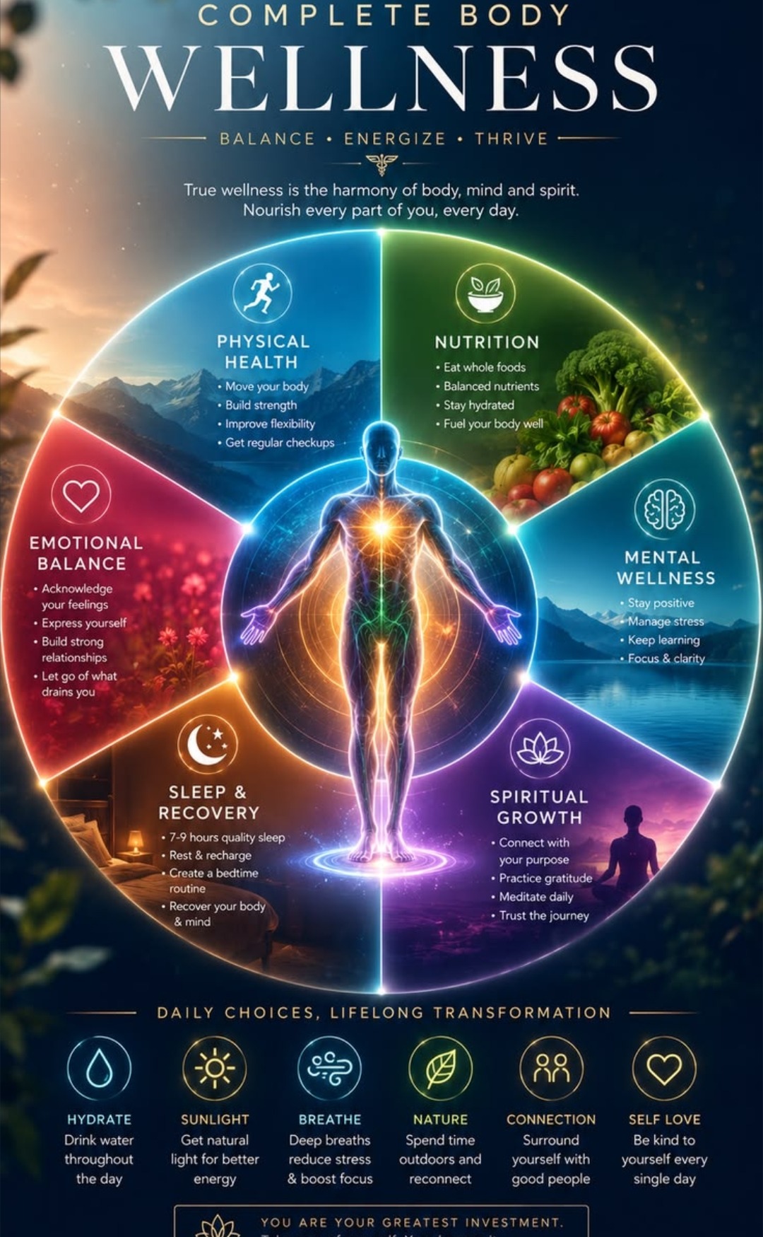 Complete body wellness wheel — physical health, nutrition, mental wellness, spiritual growth, sleep and recovery, emotional balance