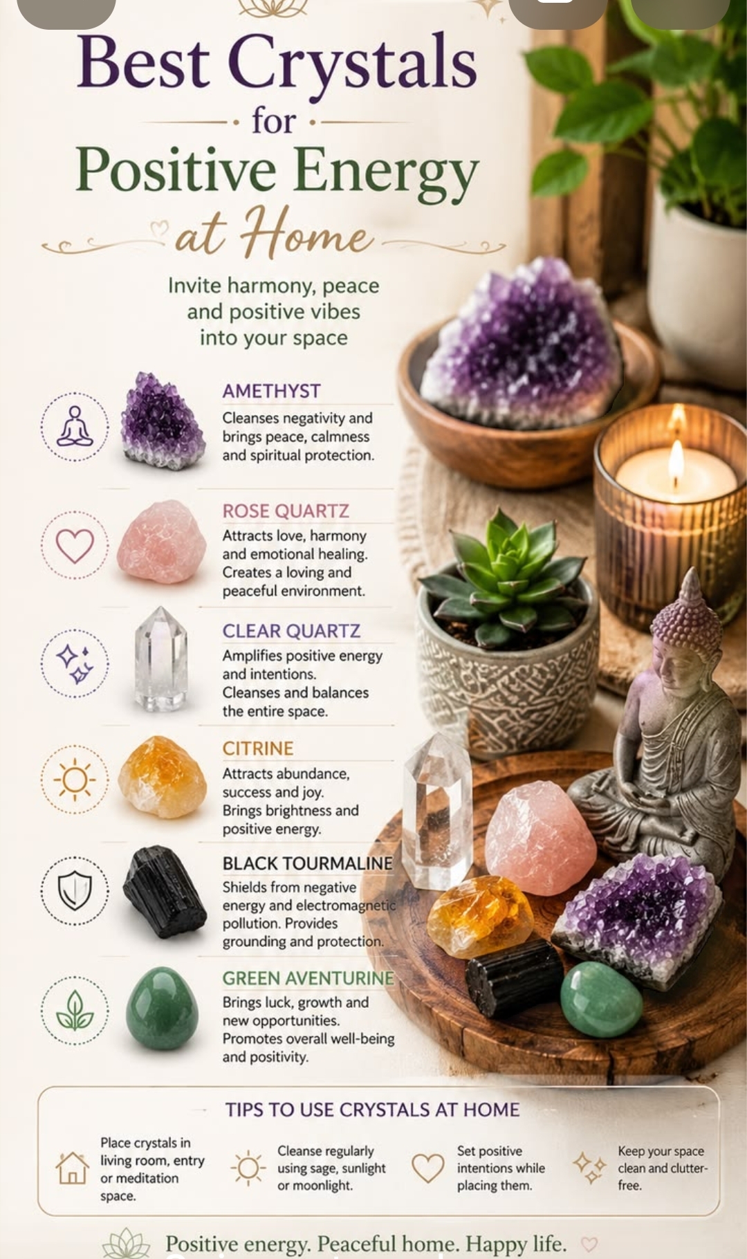 Best crystals for positive energy at home — amethyst, rose quartz, clear quartz, citrine, black tourmaline, green aventurine