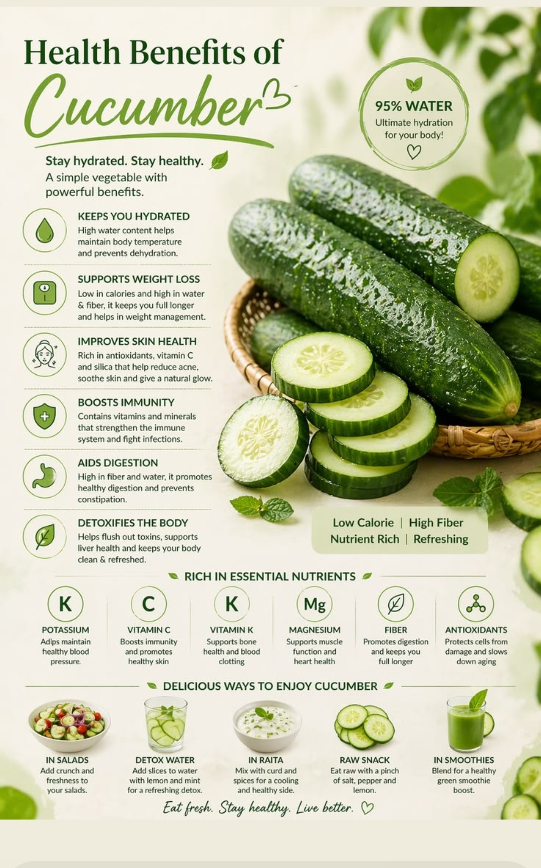 Health benefits of cucumber — 95% water, ultimate hydration, rich in essential nutrients