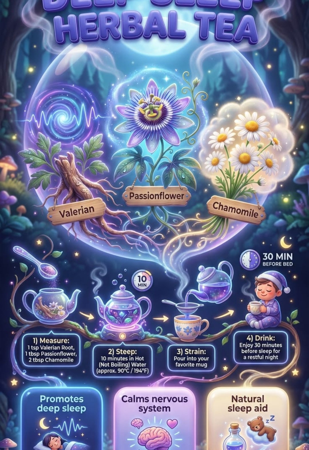 Deep sleep herbal tea — valerian, passionflower, chamomile brewing ritual