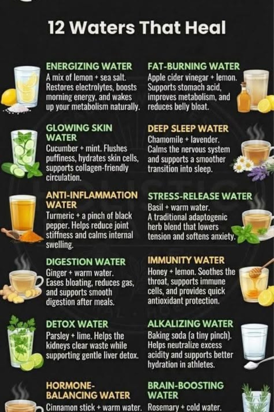 12 Waters That Heal — energizing lemon sea salt, fat-burning ACV lemon, glowing skin cucumber mint, deep sleep chamomile lavender, anti-inflammation turmeric black pepper, stress release basil warm water, digestion ginger warm water, immunity honey lemon, detox parsley lime, alkalizing baking soda, hormone balancing cinnamon, brain boosting rosemary cold water