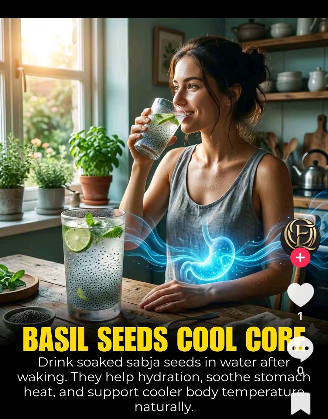 Basil Seeds Cool Core — drink soaked sabja seeds in water after waking — hydration soothes stomach heat supports cooler body temperature naturally