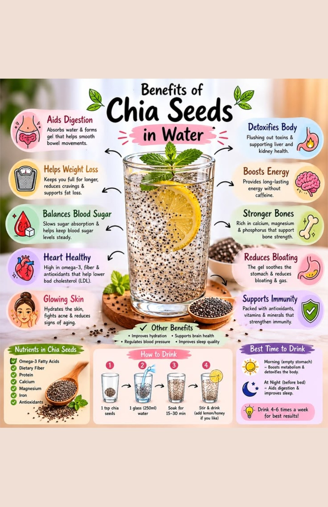 Benefits of Chia Seeds in Water — aids digestion, helps weight loss, balances blood sugar, heart healthy, glowing skin, detoxifies body, boosts energy, stronger bones, reduces bloating, supports immunity — how to drink and best time