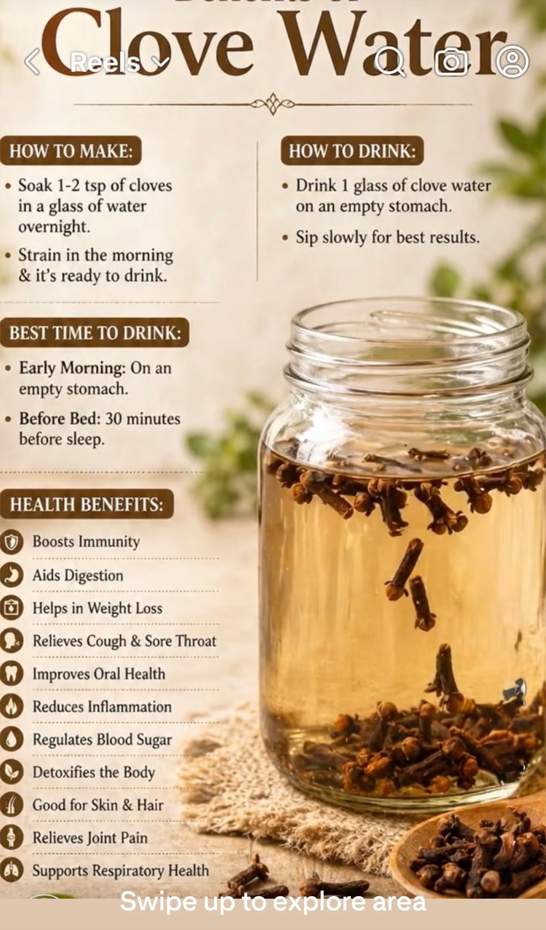 Benefits of Clove Water — boosts immunity, aids digestion, helps in weight loss, relieves cough and sore throat, improves oral health, reduces inflammation, regulates blood sugar, detoxifies the body, good for skin and hair, relieves joint pain, supports respiratory health