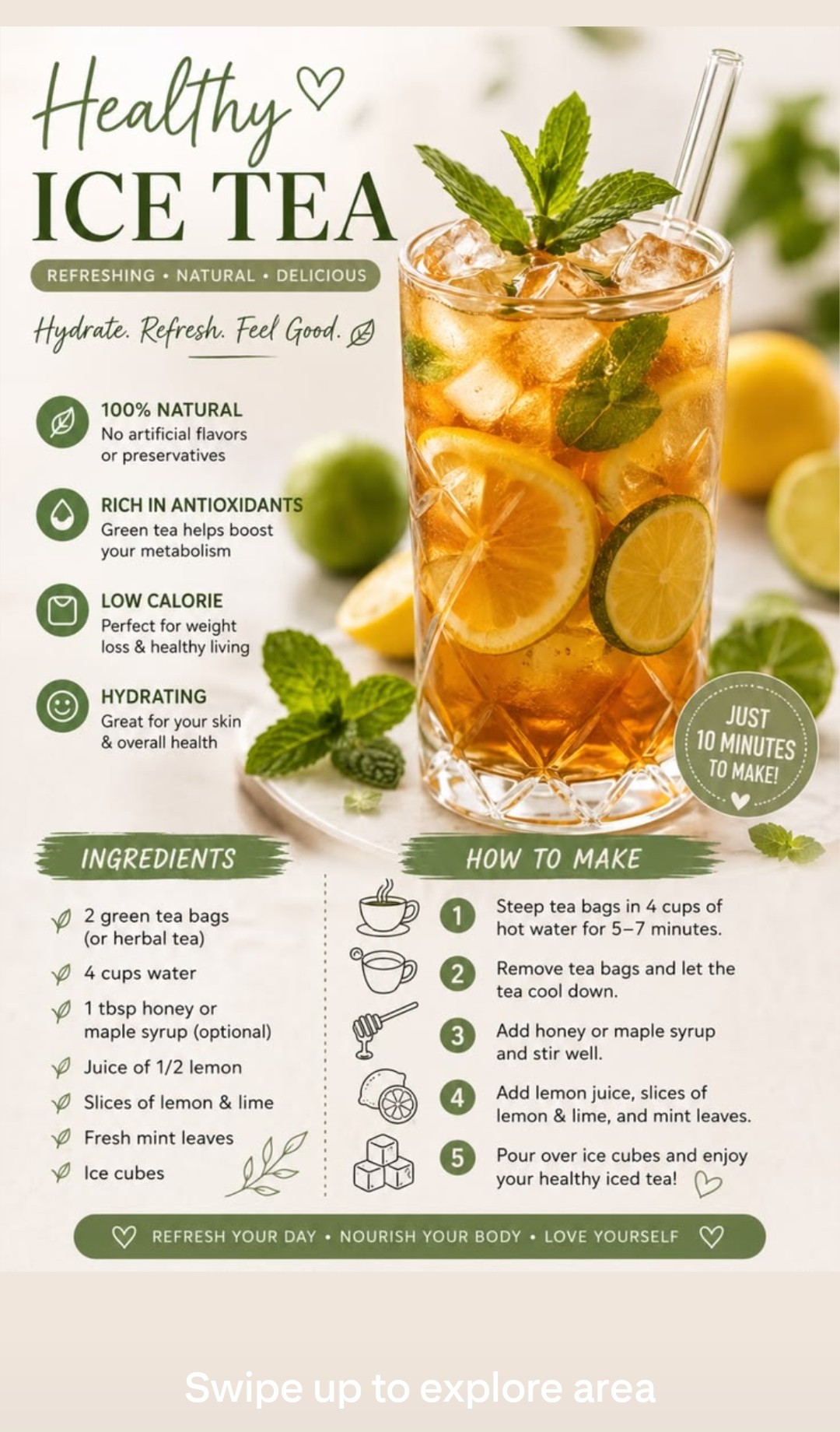 Healthy Ice Tea recipe — 100% natural, rich in antioxidants, low calorie, hydrating, made with green tea, lemon, lime and mint, ready in 10 minutes