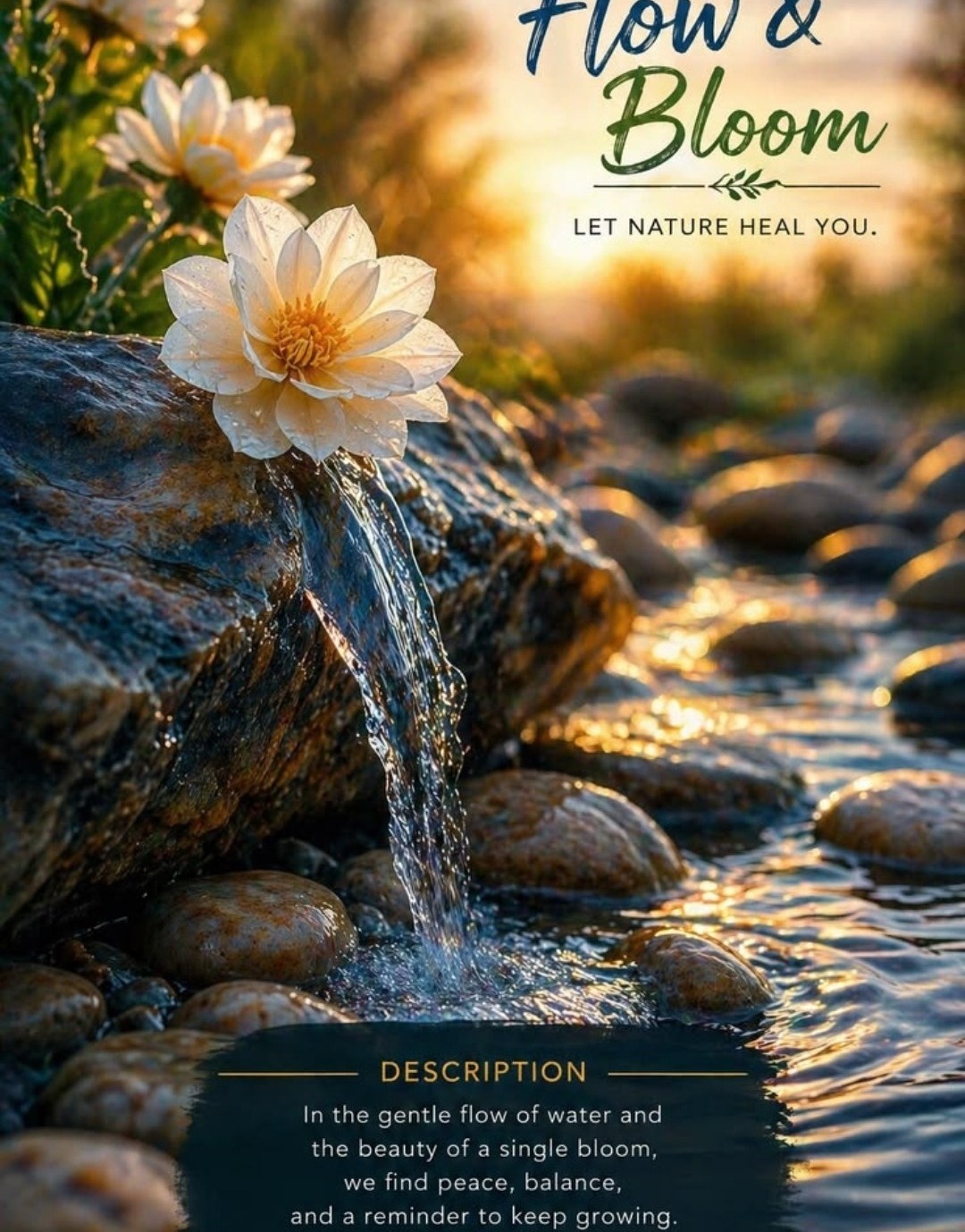 Flow and Bloom — let nature heal you — in the gentle flow of water and the beauty of a single bloom, we find peace, balance, and a reminder to keep growing — breathe, bloom, believe