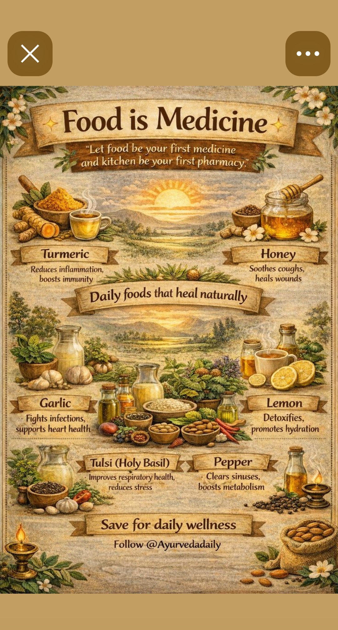Food is Medicine — daily foods that heal naturally — turmeric reduces inflammation and boosts immunity, honey soothes coughs and heals wounds, garlic fights infections and supports heart health, lemon detoxifies and promotes hydration, tulsi holy basil improves respiratory health and reduces stress, pepper clears sinuses and boosts metabolism