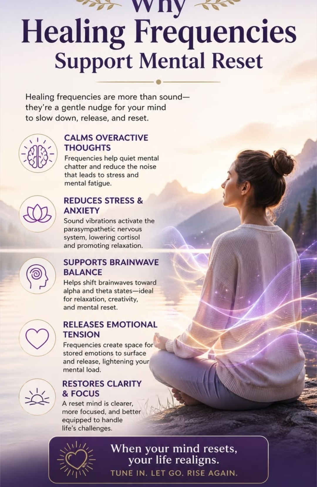 Why healing frequencies support mental reset — calms overactive thoughts, reduces stress and anxiety, supports brainwave balance, releases emotional tension