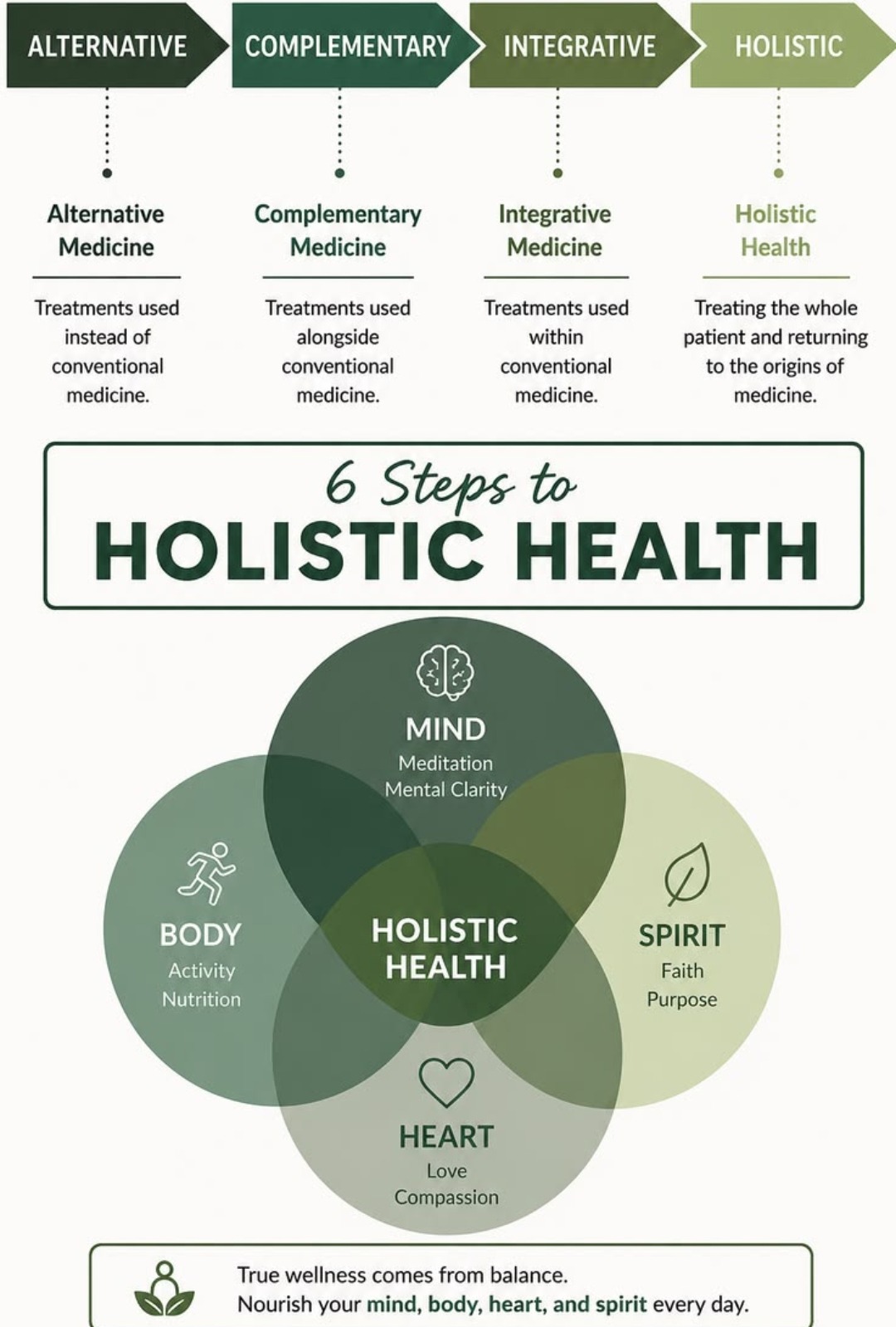 Alternative, complementary, integrative and holistic medicine explained, plus the six steps to holistic health across mind, body, heart and spirit