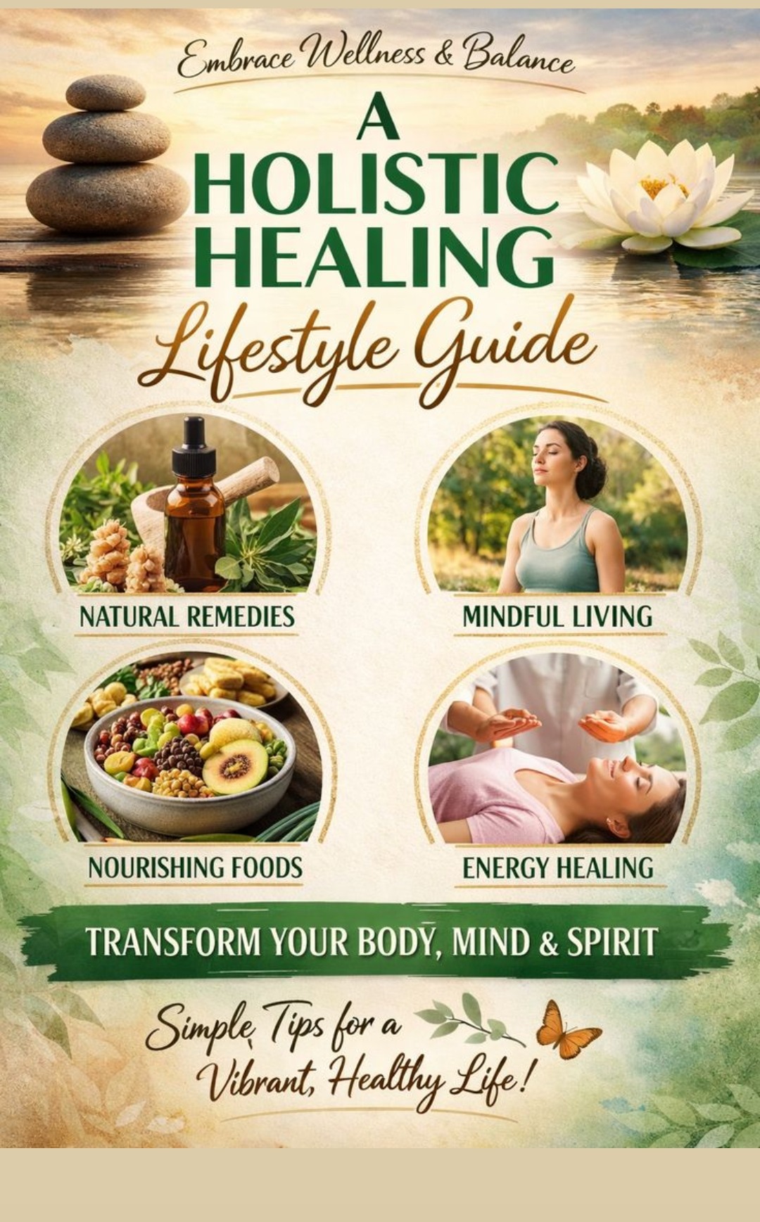 A holistic healing lifestyle guide — natural remedies, mindful living, nourishing foods, energy healing, transform your body mind and spirit