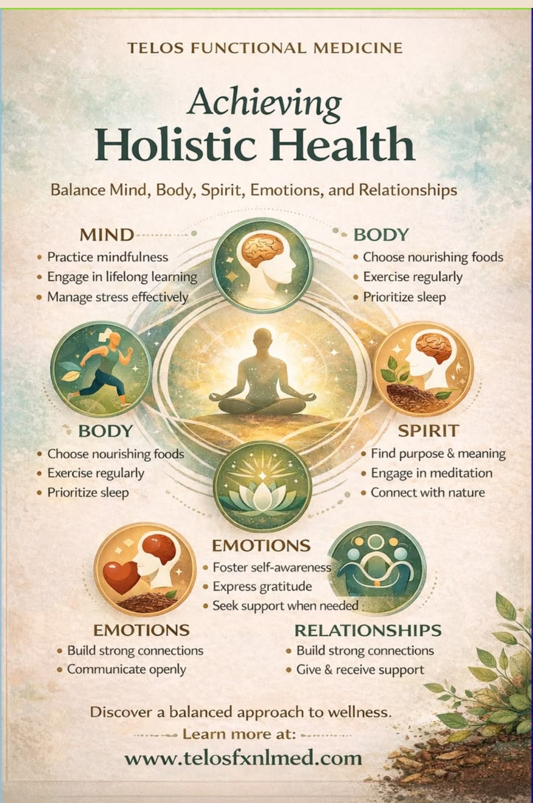 Achieving holistic health — balancing mind, body, spirit, emotions and relationships as five connected dimensions
