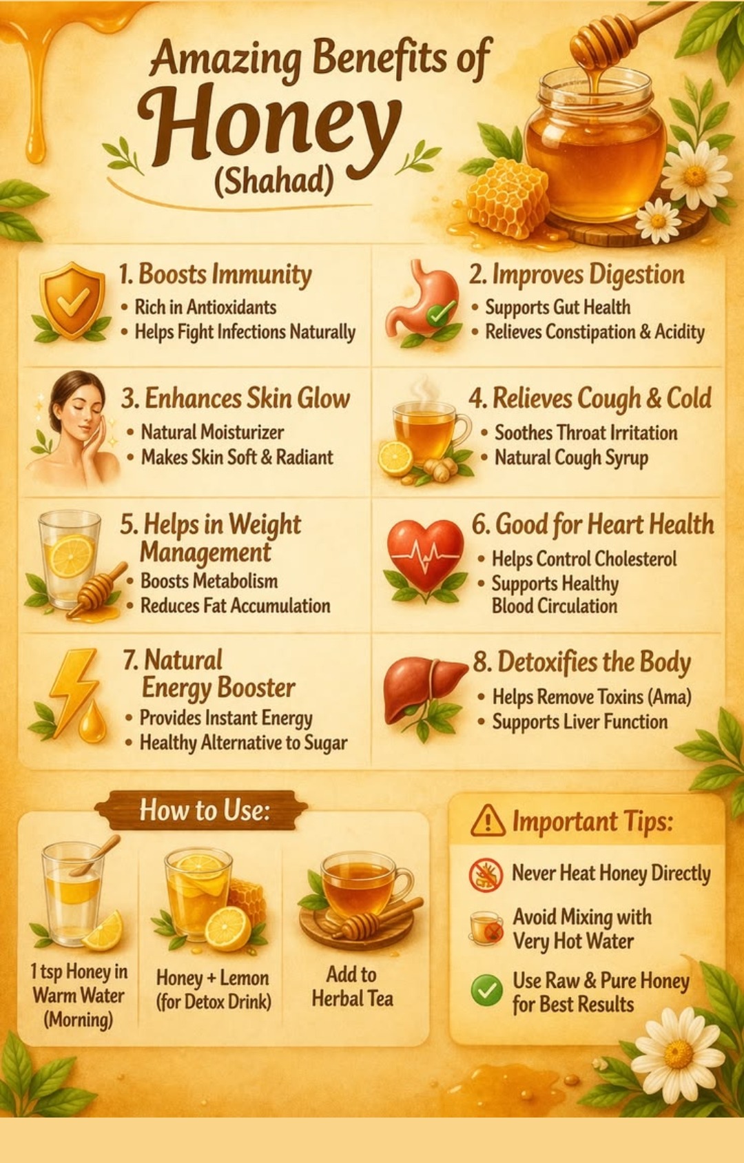 Amazing Benefits of Honey (Shahad) — boosts immunity, improves digestion, enhances skin glow, relieves cough and cold, helps in weight management, good for heart health, natural energy booster, detoxifies the body