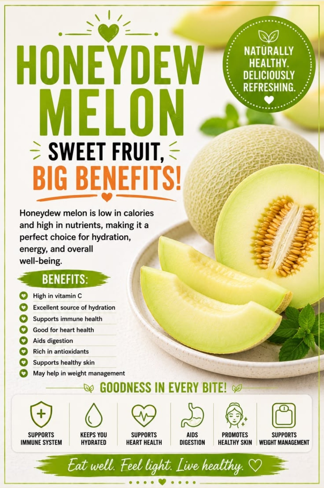 Honeydew melon — sweet fruit, big benefits, high in vitamin C, excellent source of hydration, supports immune health