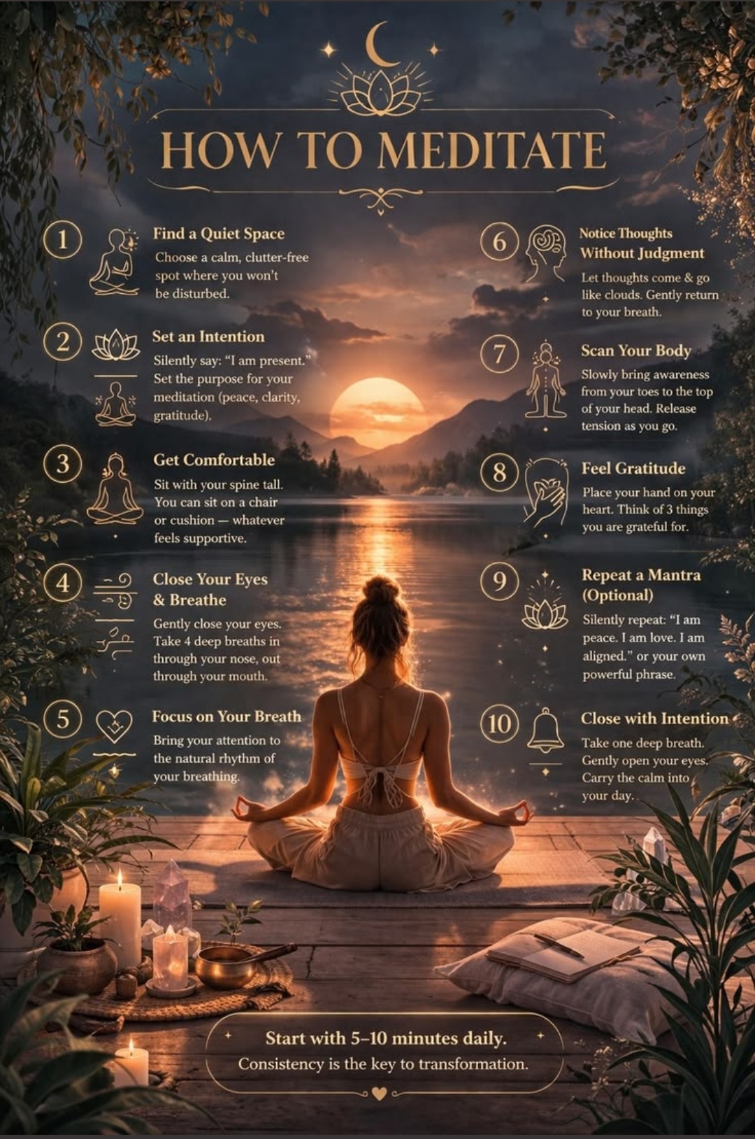 How to Meditate — 10 steps: find a quiet space, set an intention, get comfortable, close your eyes and breathe, focus on your breath, notice thoughts without judgment, scan your body, feel gratitude, repeat a mantra, close with intention