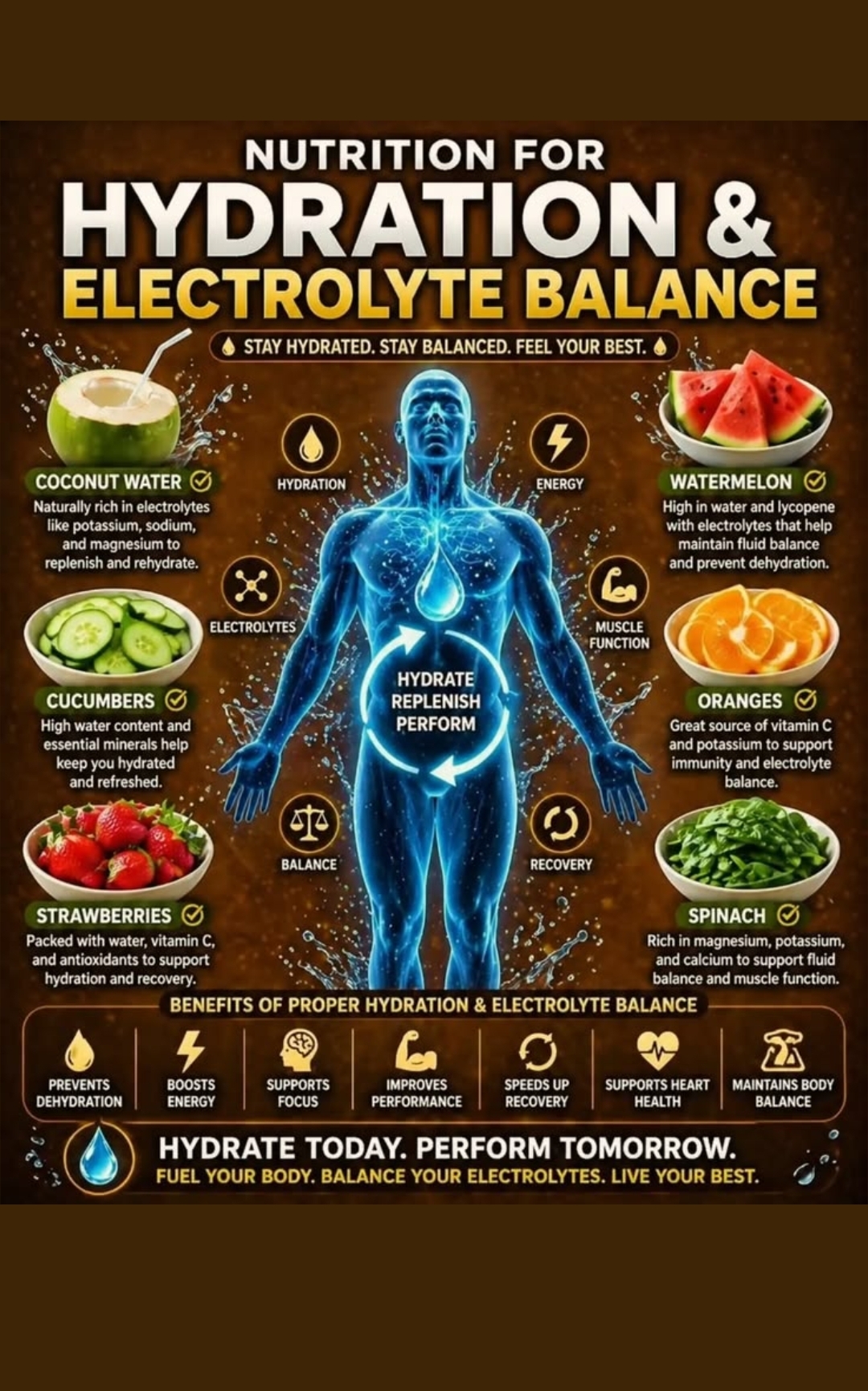 Nutrition for hydration and electrolyte balance — coconut water, watermelon, cucumbers, oranges, strawberries, spinach