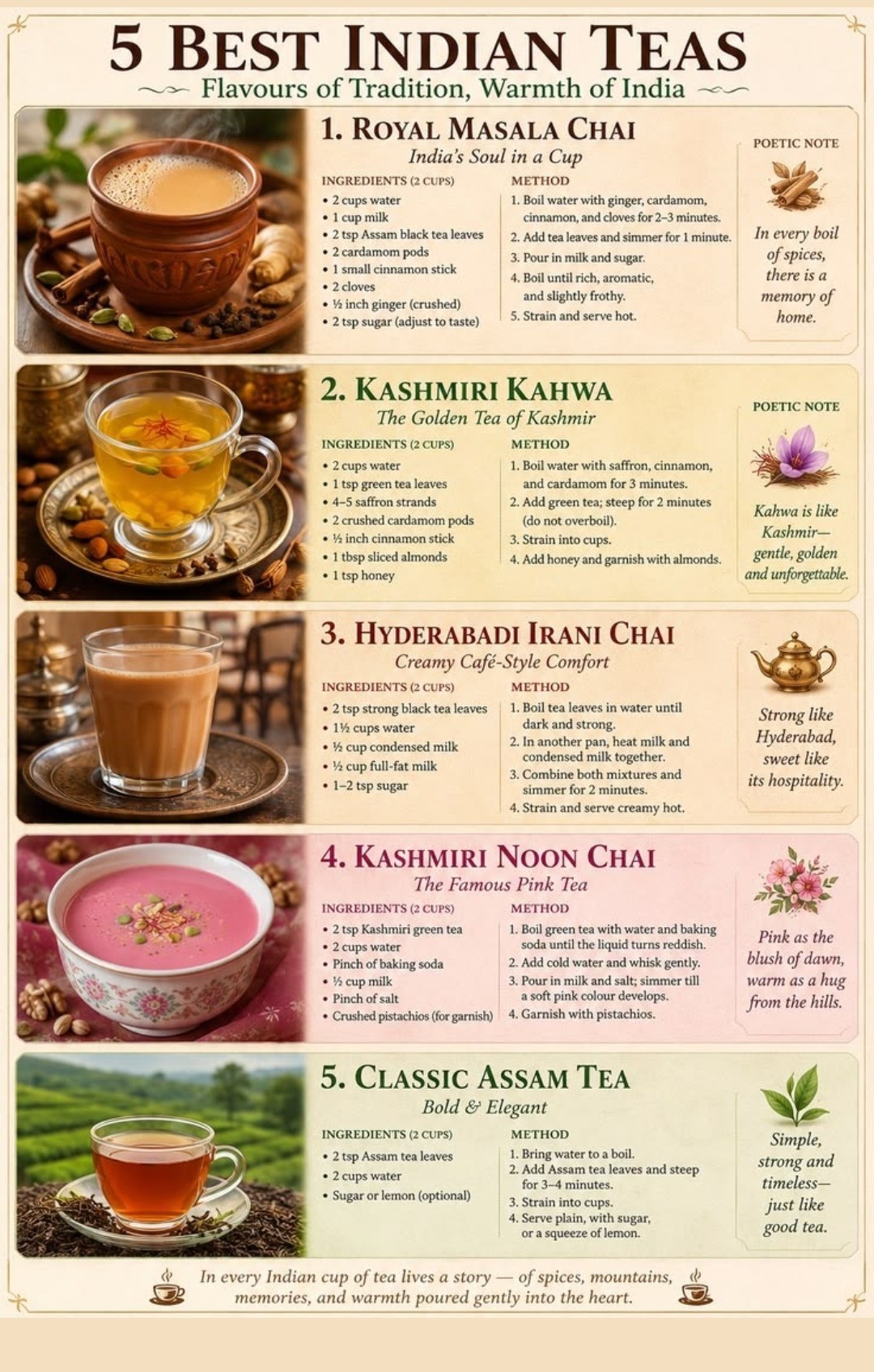 5 Best Indian Teas — Royal Masala Chai, Kashmiri Kahwa, Hyderabadi Irani Chai, Kashmiri Noon Chai, Classic Assam Tea