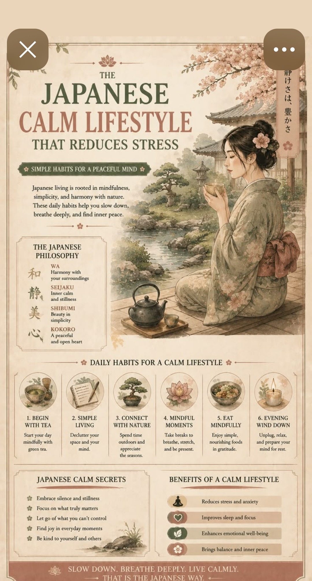 The Japanese Calm Lifestyle — Wa harmony, Seijaku inner stillness, Shibumi beauty in simplicity, Kokoro a peaceful open heart — six daily habits