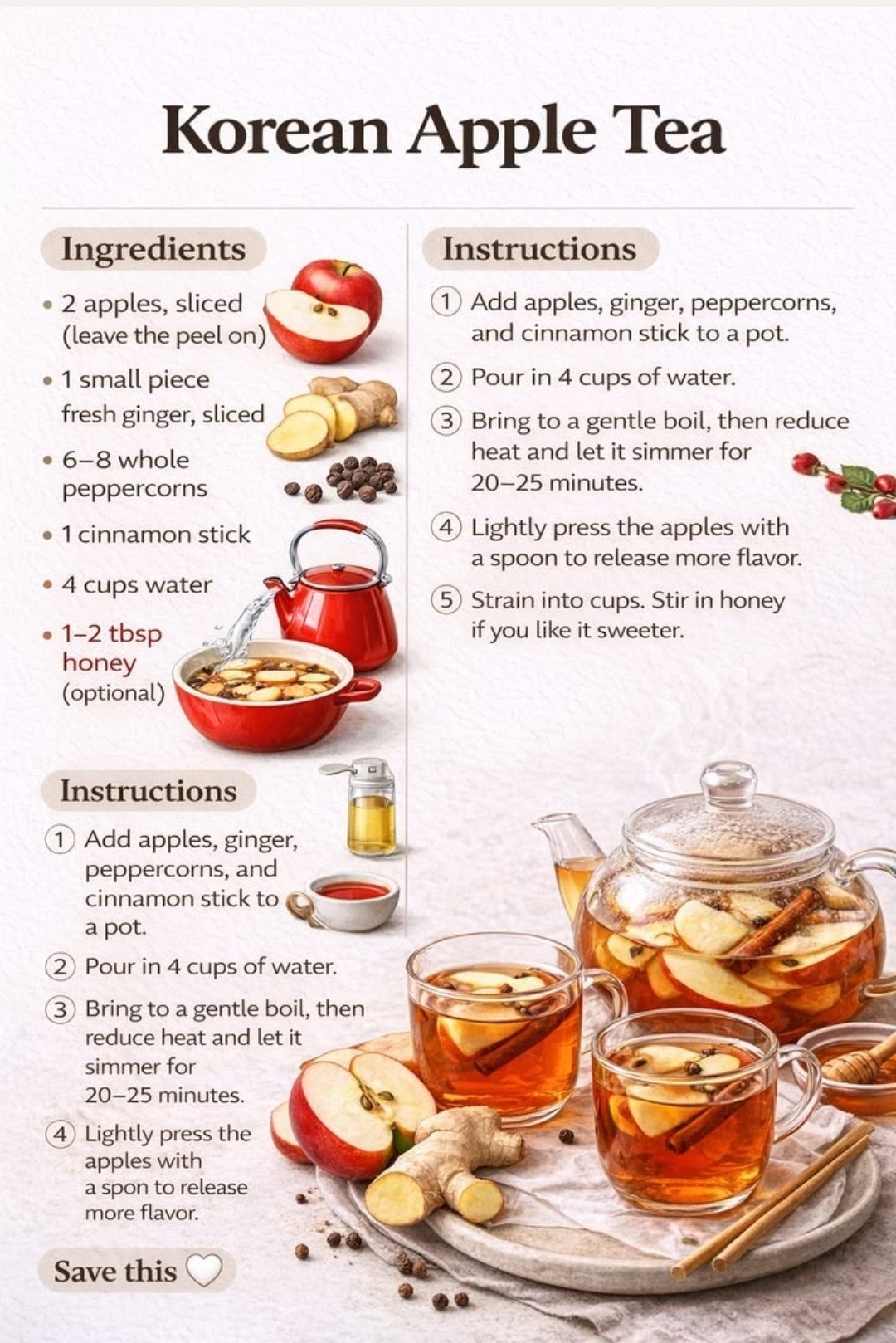 Korean Apple Tea — apples, ginger, peppercorns and cinnamon stick simmered into a warming traditional tea
