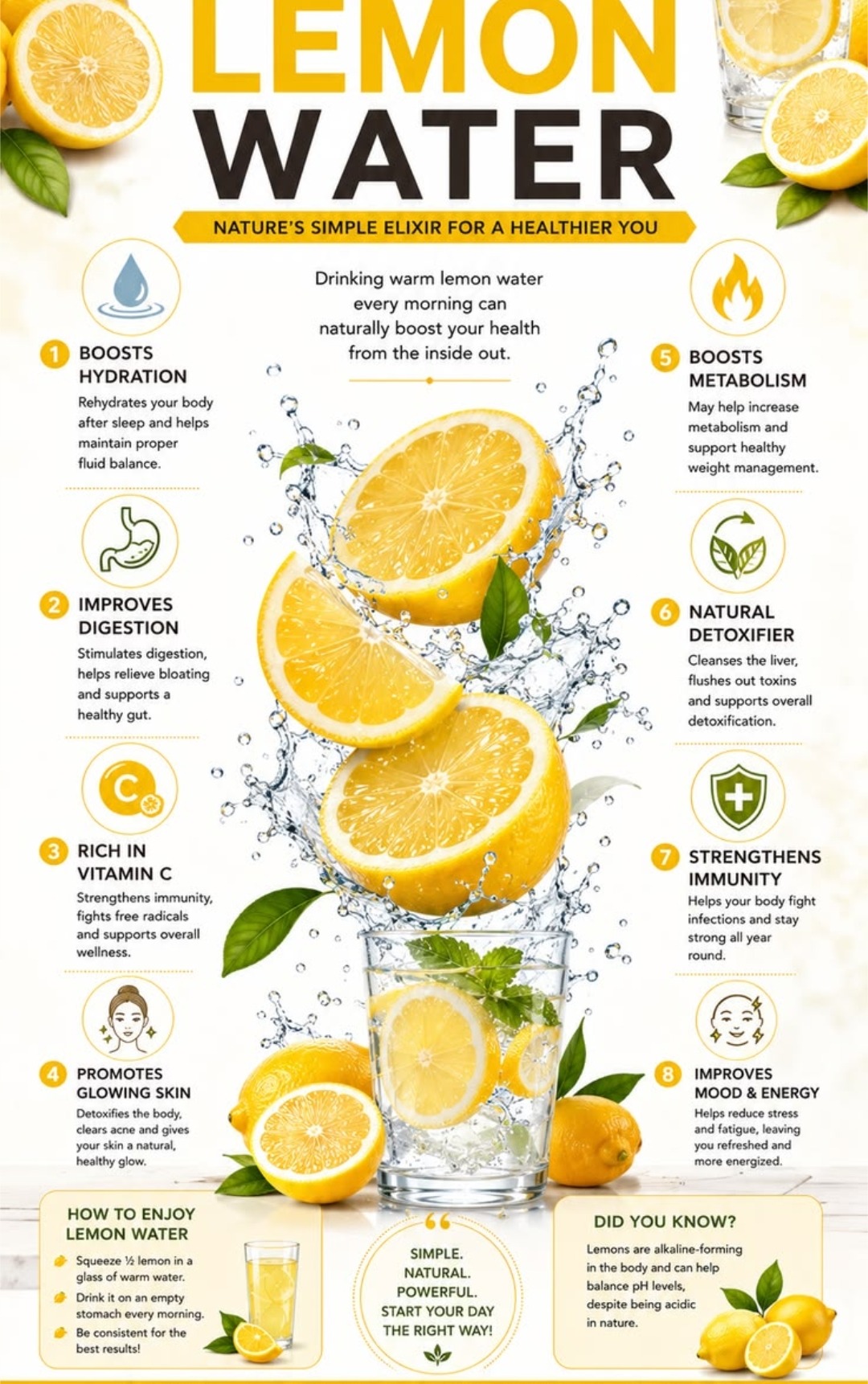 Benefits of Lemon Water — boosts hydration, improves digestion, rich in vitamin C, promotes glowing skin, boosts metabolism, natural detoxifier, strengthens immunity, improves mood and energy