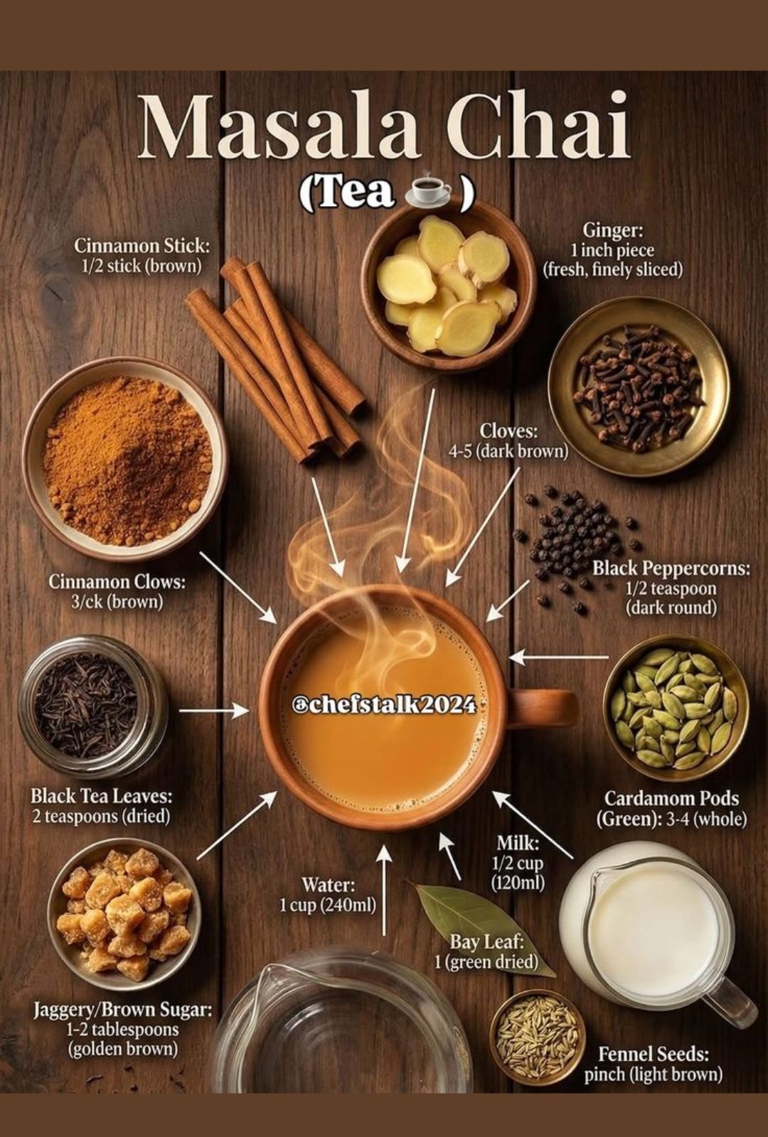 Masala Chai — cinnamon, ginger, cloves, black peppercorns, cardamom pods, black tea leaves, jaggery and milk