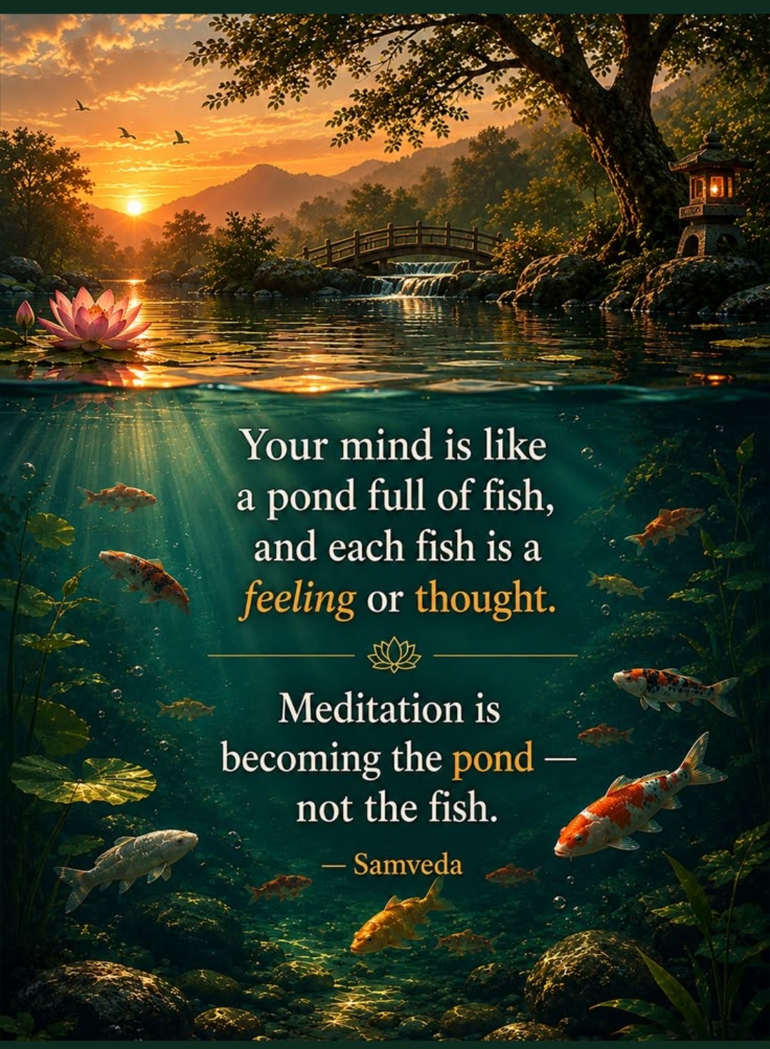Your mind is like a pond full of fish, and each fish is a feeling or thought. Meditation is becoming the pond, not the fish. — Samveda