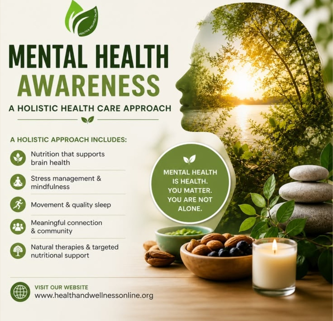 Mental Health Awareness — A Holistic Health Care Approach: nutrition that supports brain health, stress management and mindfulness, movement and quality sleep, meaningful connection and community, natural therapies and targeted nutritional support