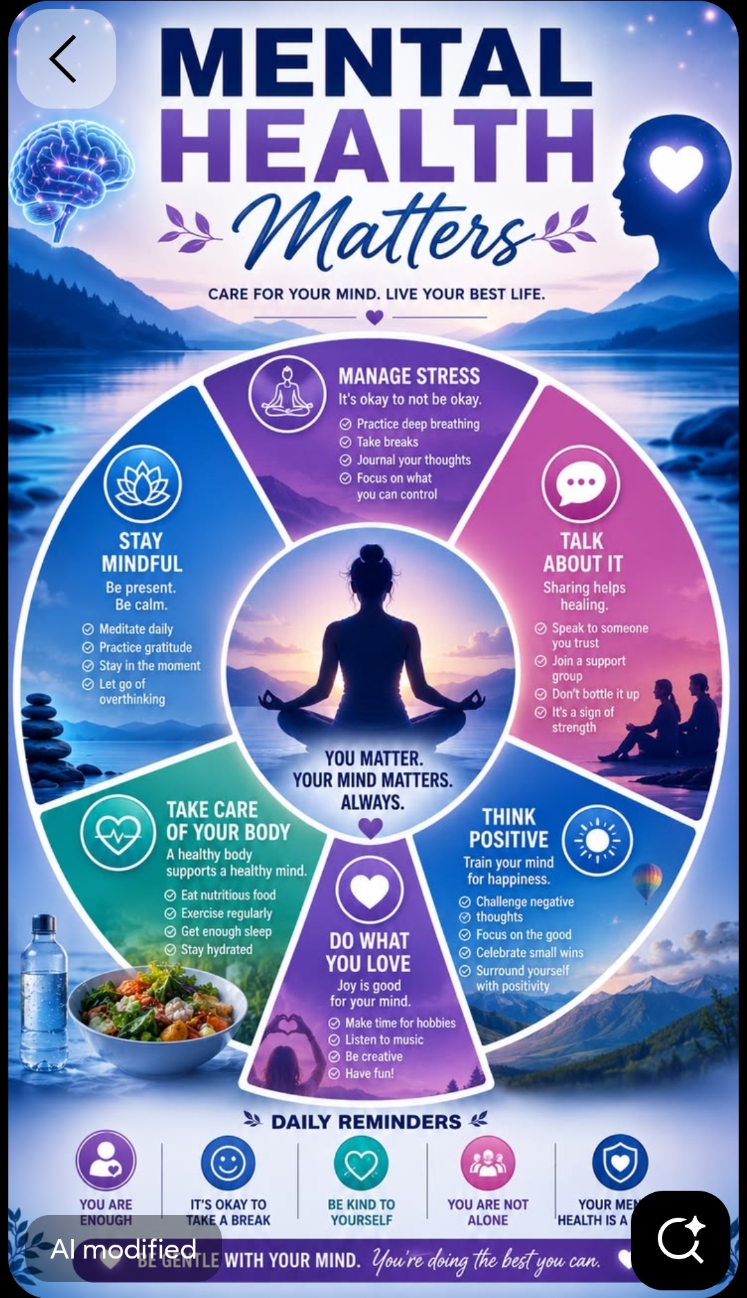 Mental Health Matters — manage stress, stay mindful, talk about it, take care of your body, think positive, do what you love, you matter your mind matters always