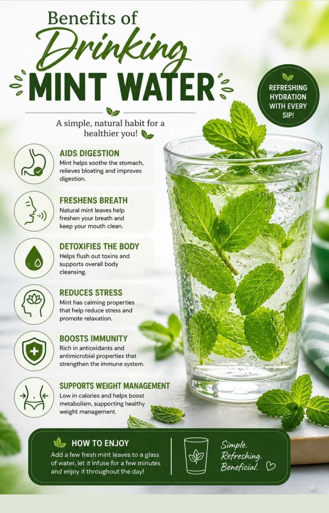 Benefits of Drinking Mint Water — aids digestion, freshens breath, detoxifies the body, reduces stress, boosts immunity, supports weight management