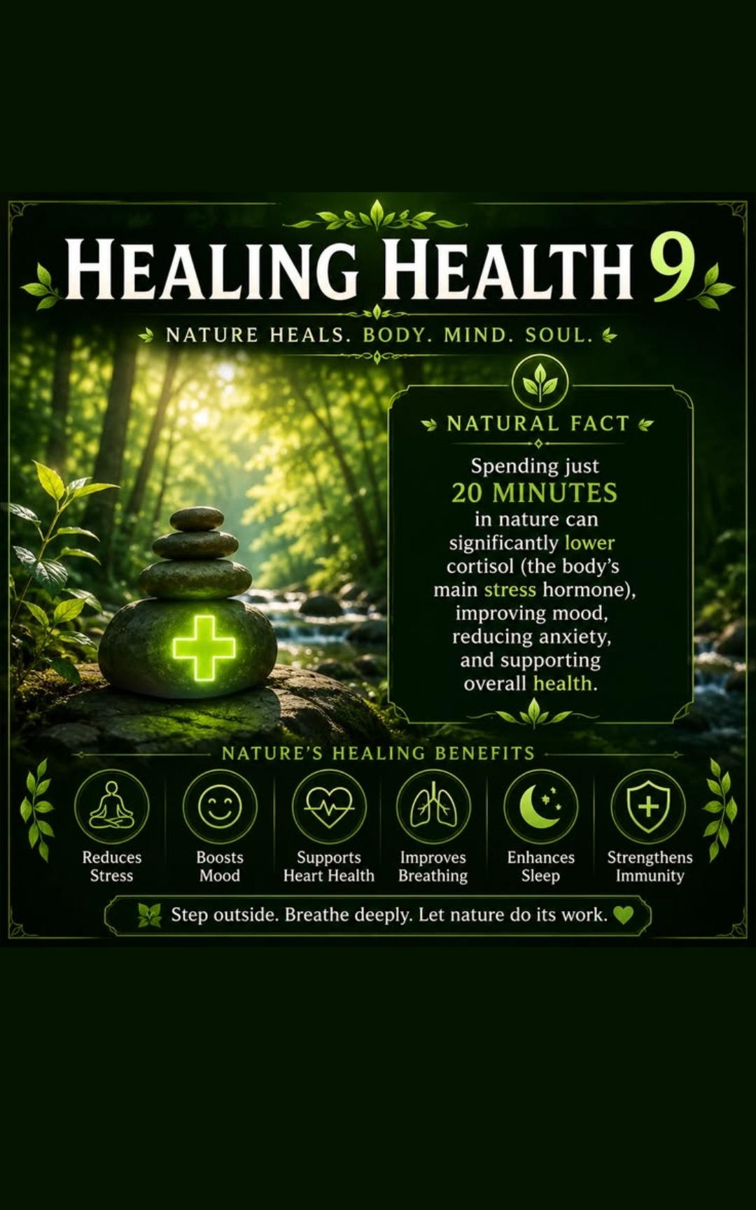 Nature heals body mind soul — spending just 20 minutes in nature can significantly lower cortisol, improve mood, reduce anxiety and support overall health