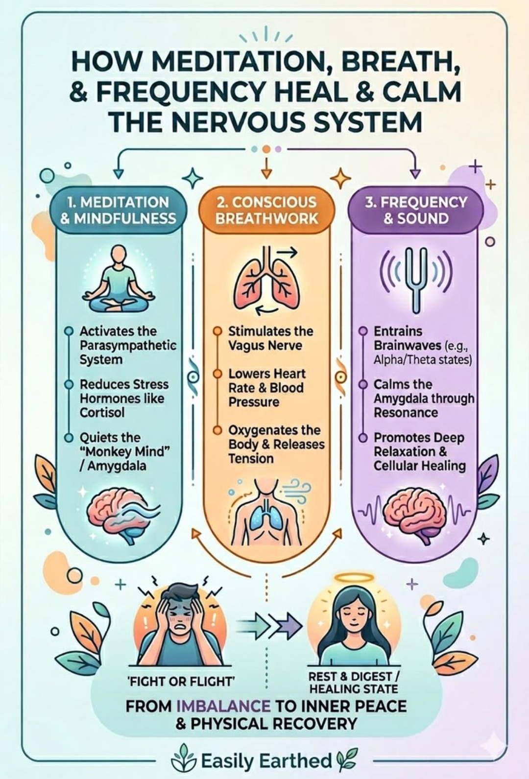 How meditation, breath and frequency heal and calm the nervous system — activating the parasympathetic system, stimulating the vagus nerve, entraining brainwaves, moving from fight-or-flight to rest and digest