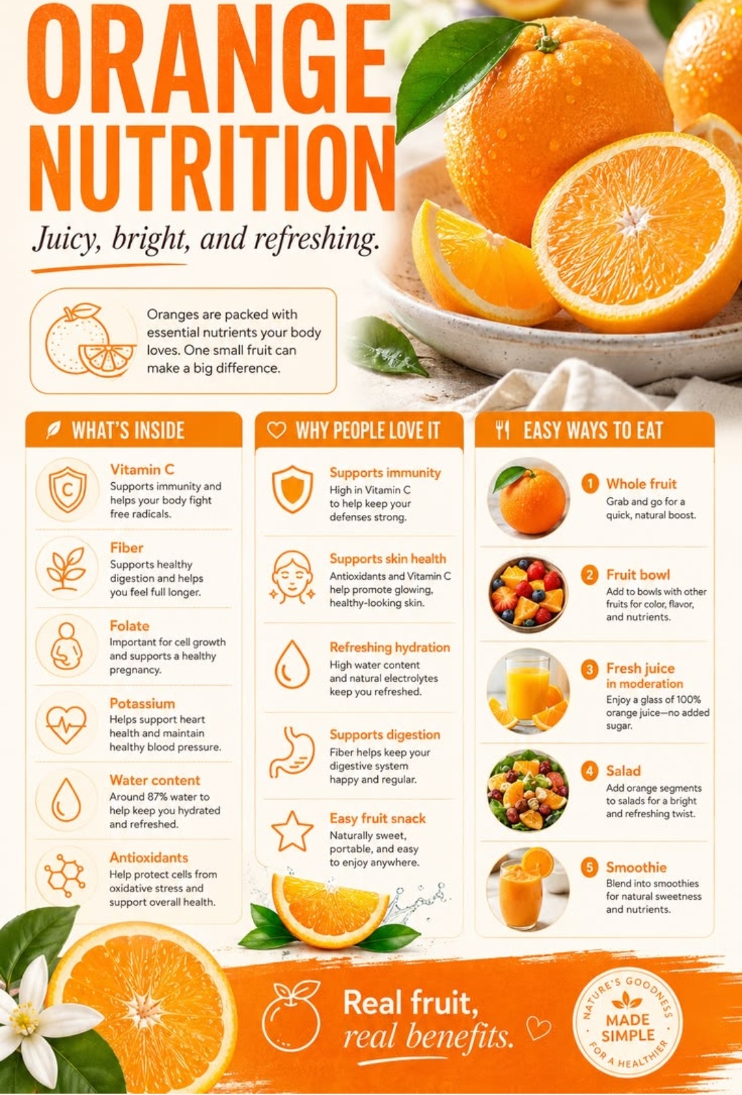 Orange nutrition — vitamin C, fiber, folate, potassium, water content, antioxidants, easy ways to eat