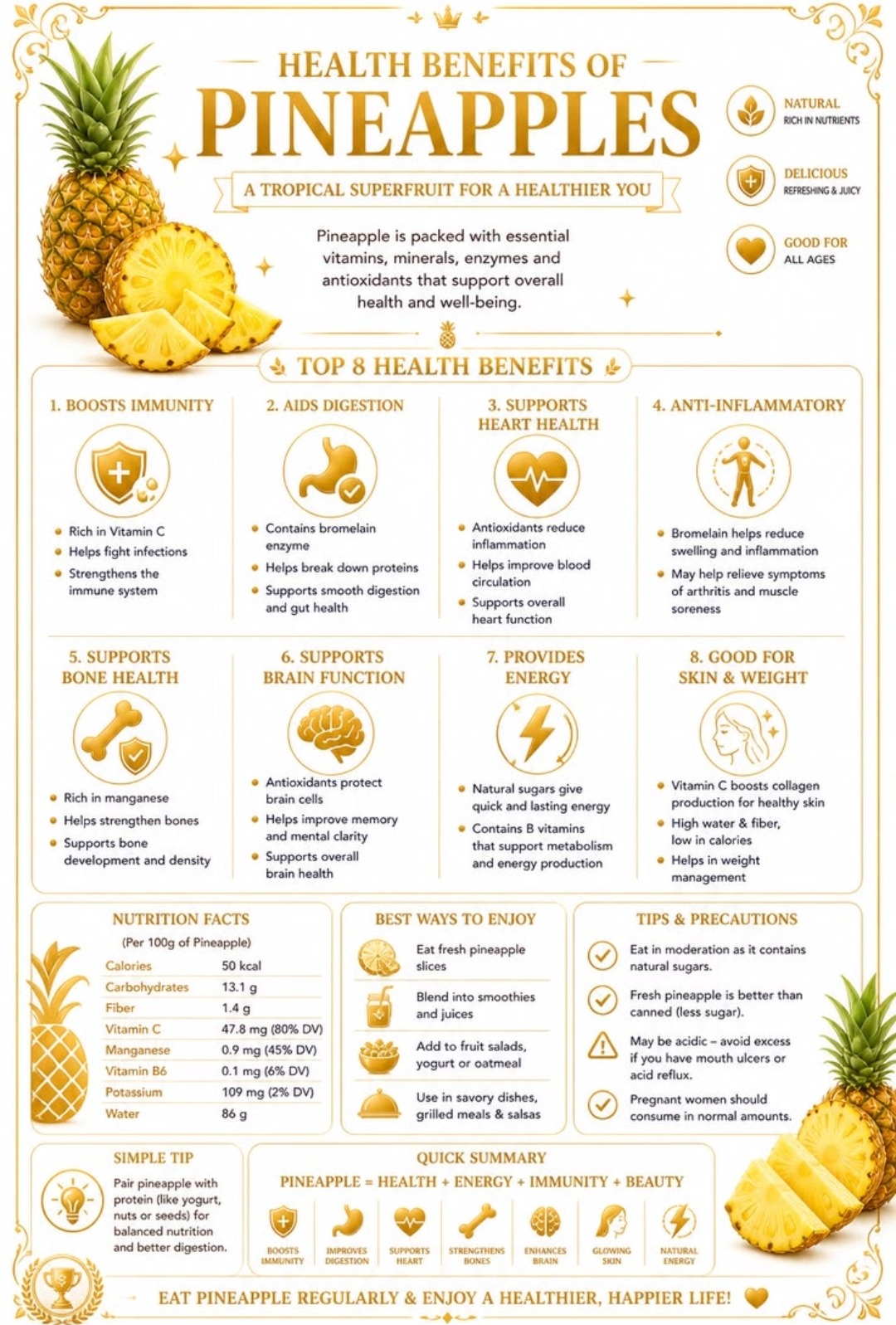 Health benefits of pineapples — tropical superfruit, boosts immunity, aids digestion, supports heart health, anti-inflammatory, bromelain
