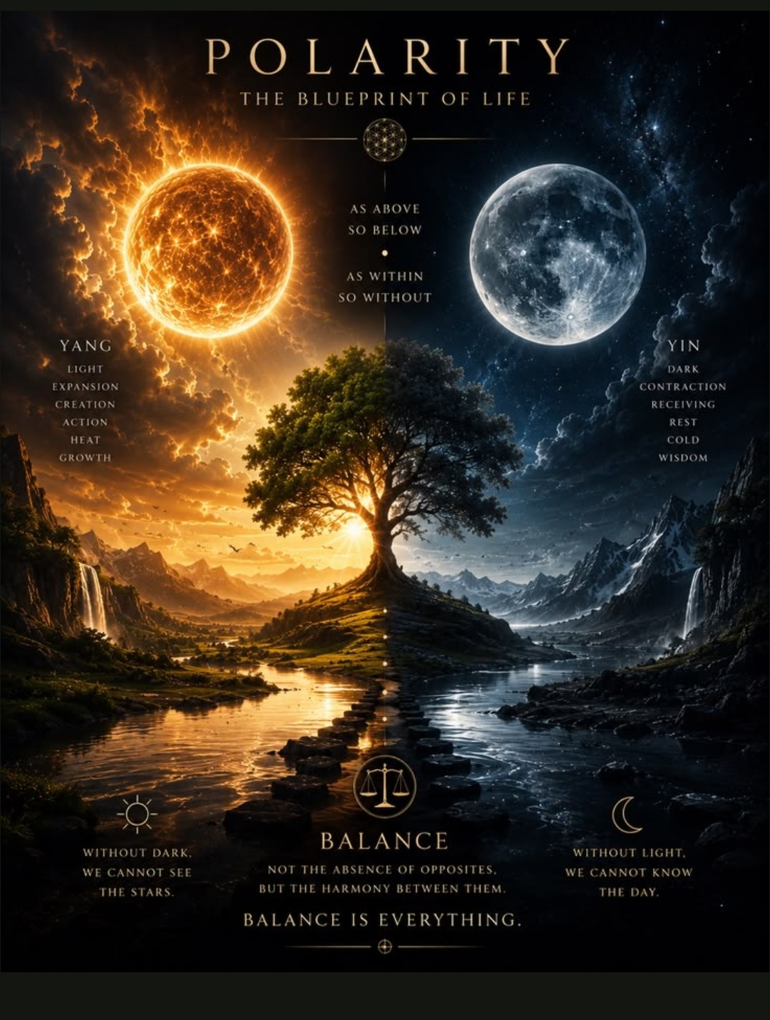 Polarity, the blueprint of life — as above so below, as within so without — Yang light expansion creation action heat growth, Yin dark contraction receiving rest cold wisdom — balance is not the absence of opposites but the harmony between them