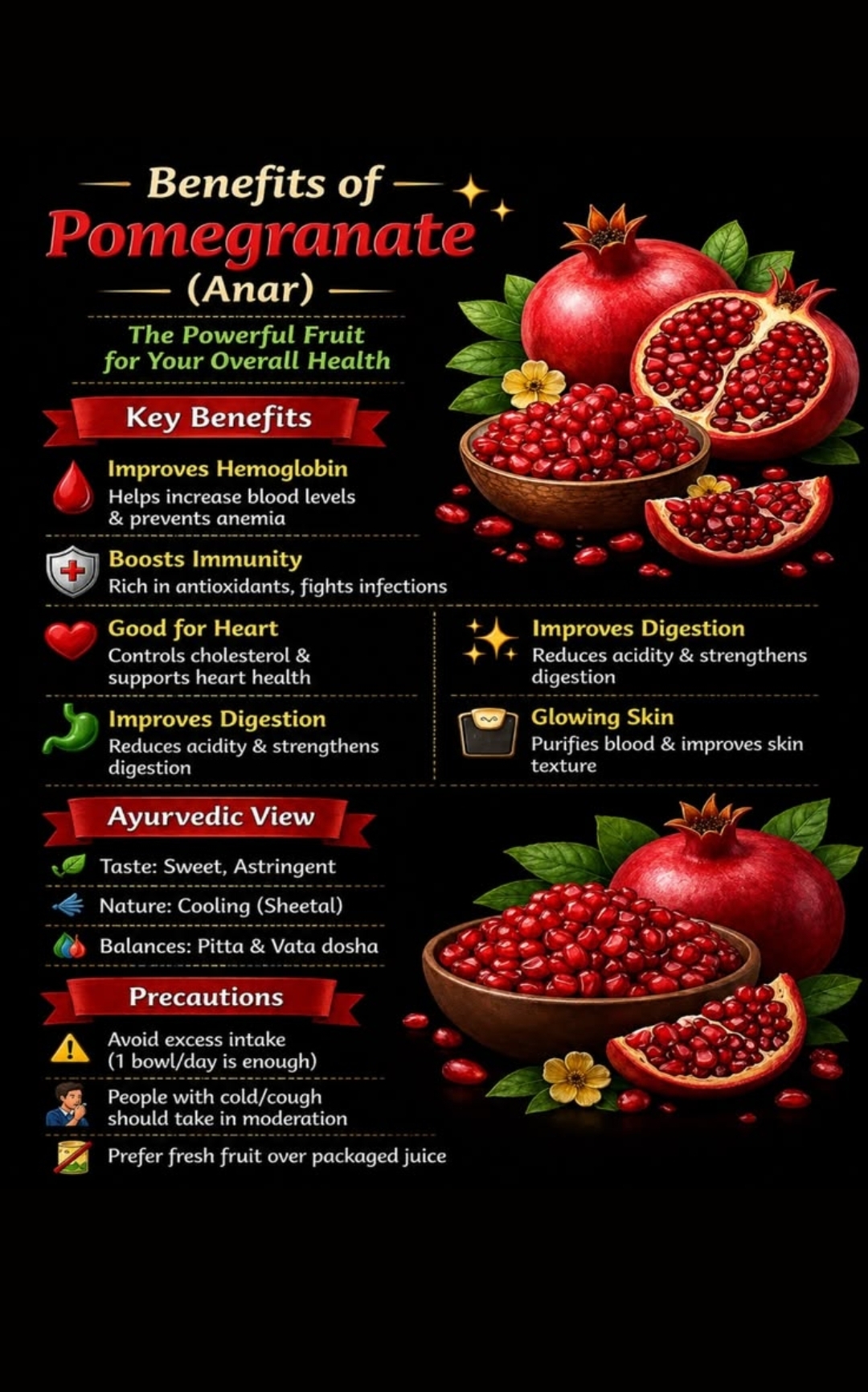 Benefits of pomegranate (anar) — key benefits, ayurvedic view, precautions