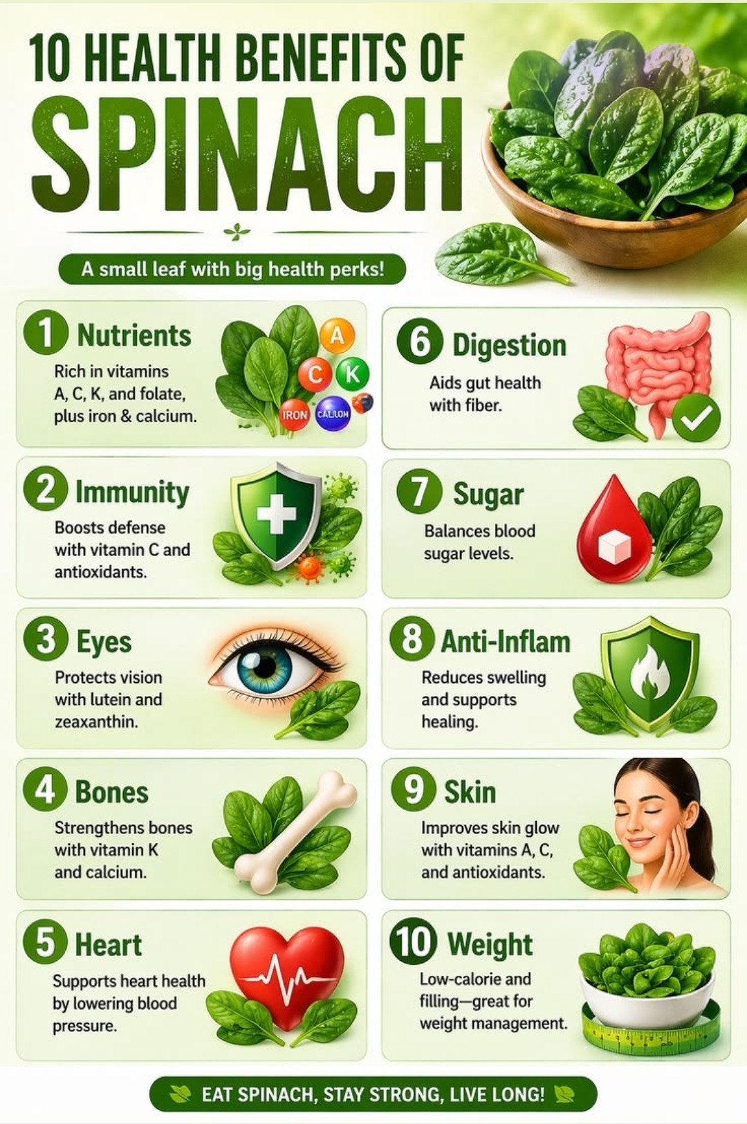 10 health benefits of spinach — a small leaf with big health perks, nutrients, immunity, eyes, bones, heart, digestion