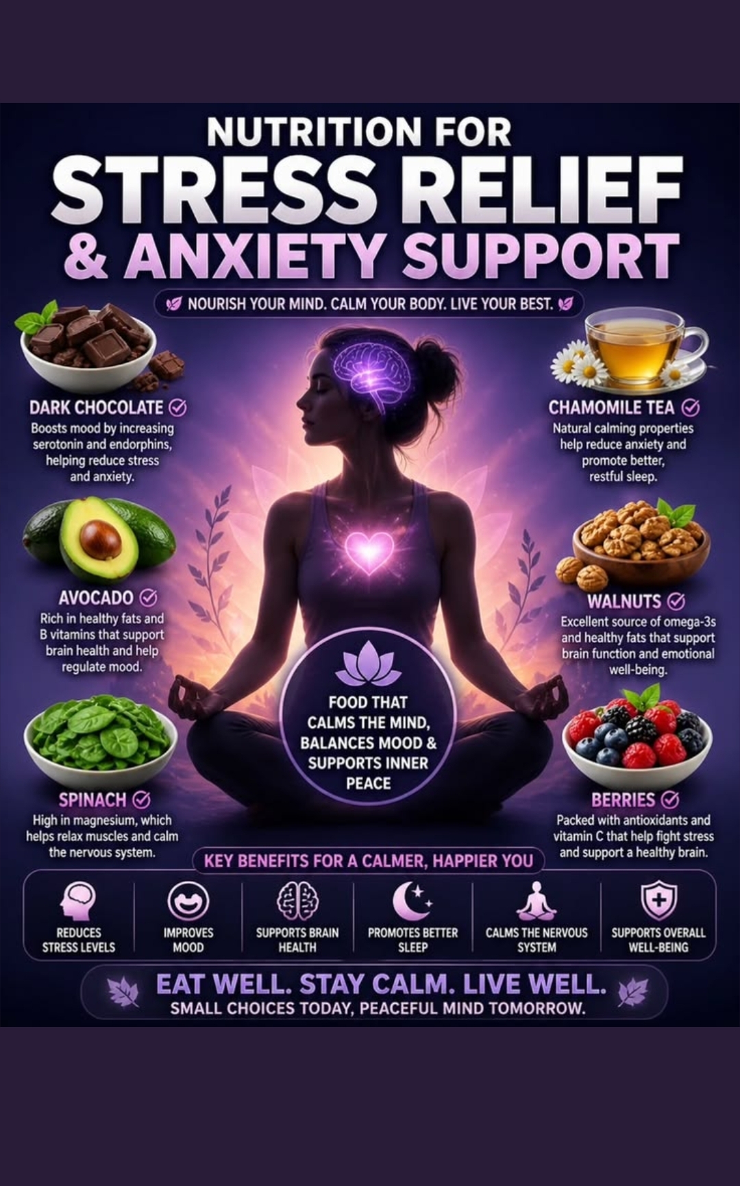 Nutrition for stress relief and anxiety support — dark chocolate, avocado, spinach, chamomile tea, walnuts, berries