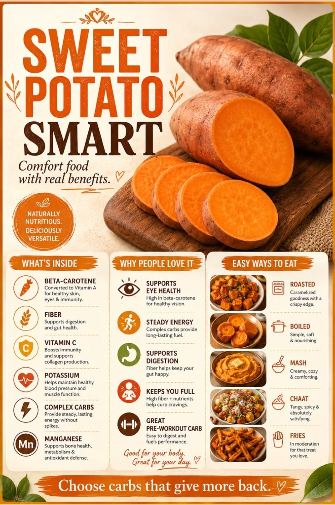Sweet potato smart — comfort food with real benefits, beta-carotene, fiber, vitamin C, potassium, complex carbs, manganese