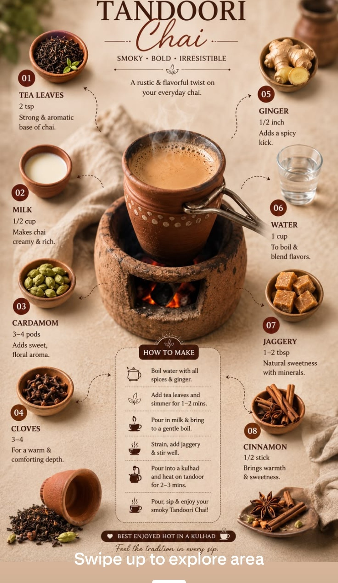 Tandoori Chai — a rustic, smoky twist on everyday chai made in a clay kulhad over open flame, with tea leaves, milk, cardamom, cloves, ginger, water, jaggery and cinnamon
