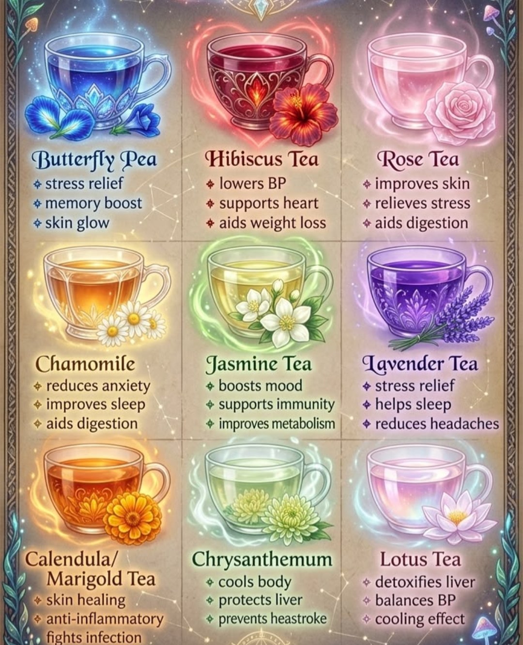 9 Flower and Herbal Teas — butterfly pea stress relief memory skin glow, hibiscus lowers BP heart aids weight loss, rose tea improves skin relieves stress, chamomile anxiety sleep digestion, jasmine tea boosts mood immunity metabolism, lavender stress relief sleep headaches, calendula marigold skin healing anti-inflammatory, chrysanthemum cools body protects liver, lotus tea detox liver balances BP cooling