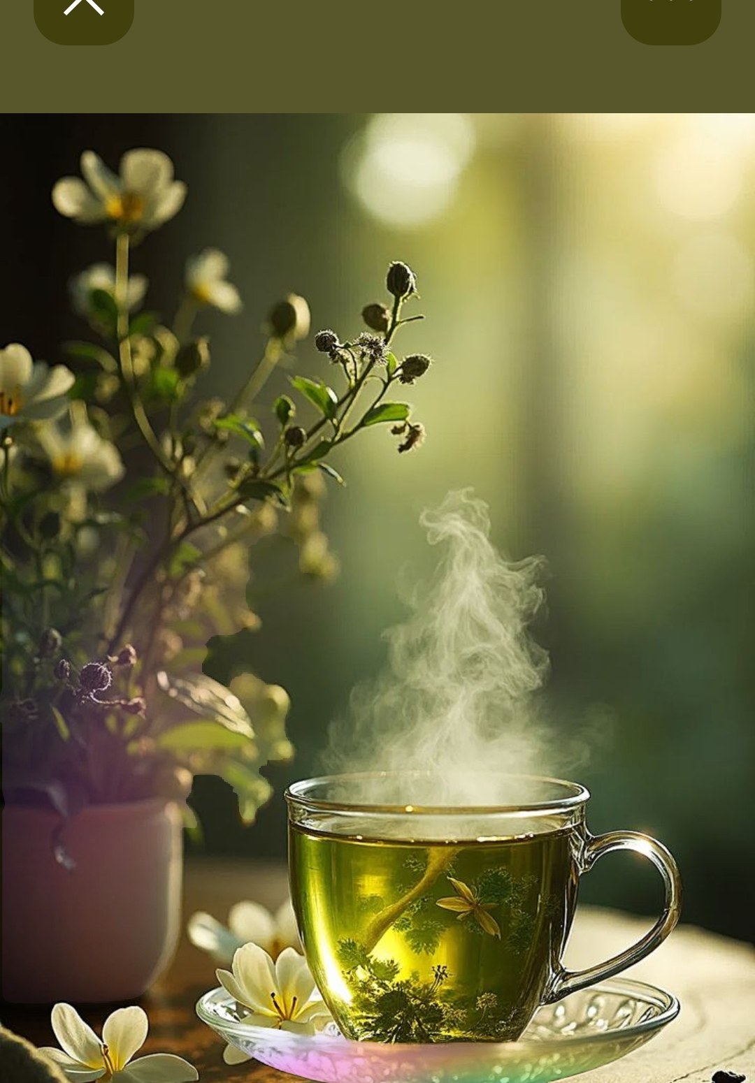 Steaming green tea in glass cup — botanical healing ritual