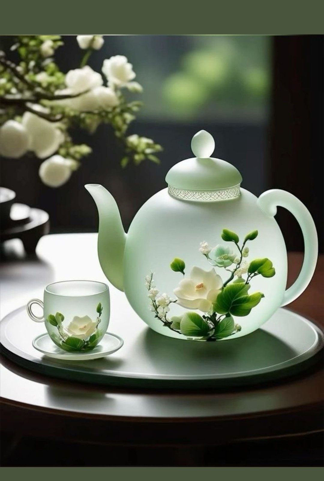 A serene jasmine green tea ceremony — porcelain teapot with jasmine blossom detailing, poured beside white jasmine flowers