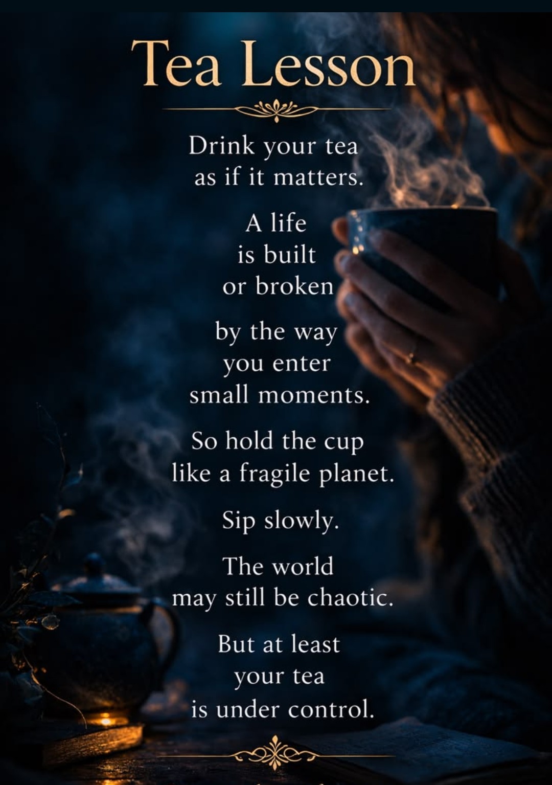 Tea Lesson — drink your tea as if it matters, a life is built or broken by the way you enter small moments, so hold the cup like a fragile planet, sip slowly