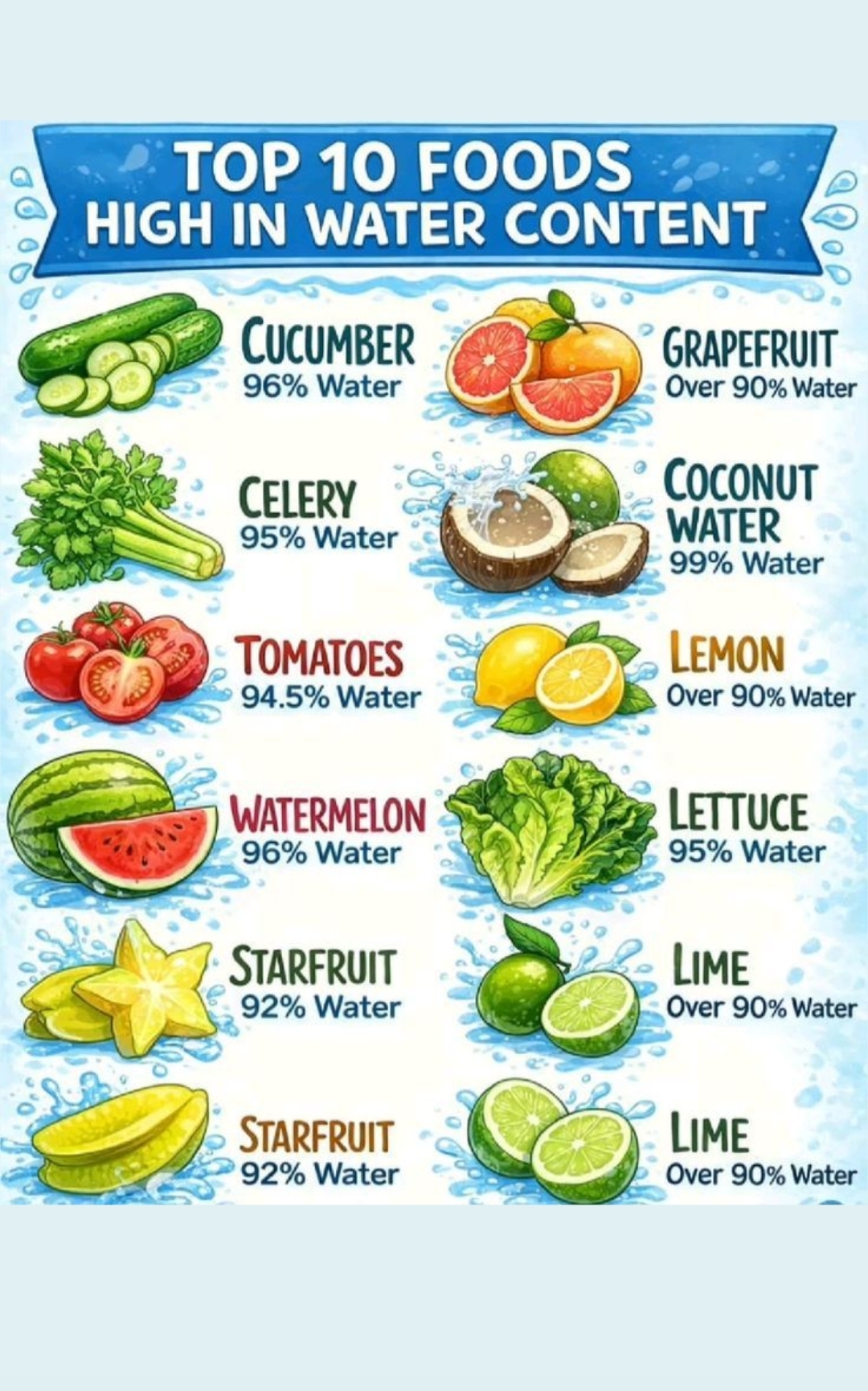 Top 10 foods high in water content — cucumber, grapefruit, celery, coconut water, tomatoes, lemon, watermelon, lettuce, starfruit, lime