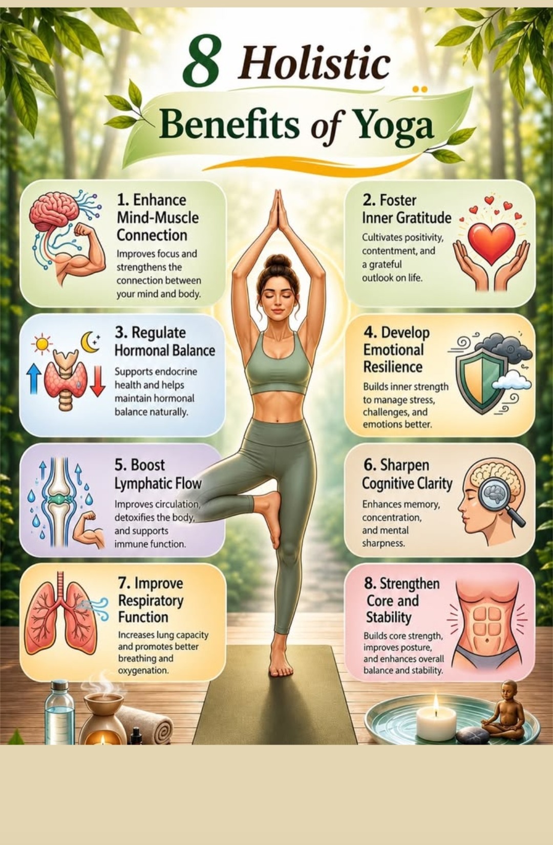 Eight holistic benefits of yoga — mind-muscle connection, gratitude, hormonal balance, emotional resilience, lymphatic flow, cognitive clarity, respiratory function, core stability