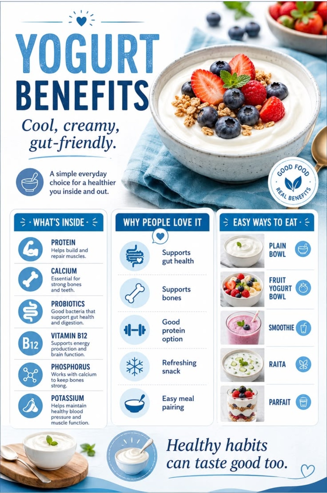 Yogurt benefits — cool creamy gut-friendly, protein, calcium, probiotics, vitamin B12, phosphorus, potassium