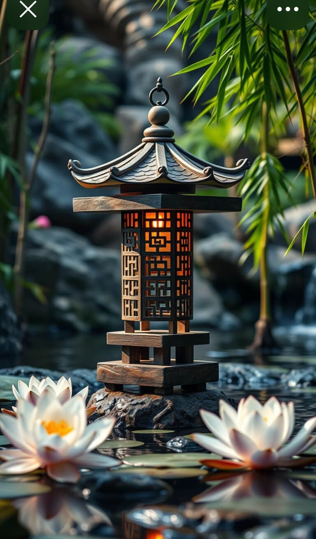 Japanese stone lantern glowing among lotus flowers and bamboo beside a still pool